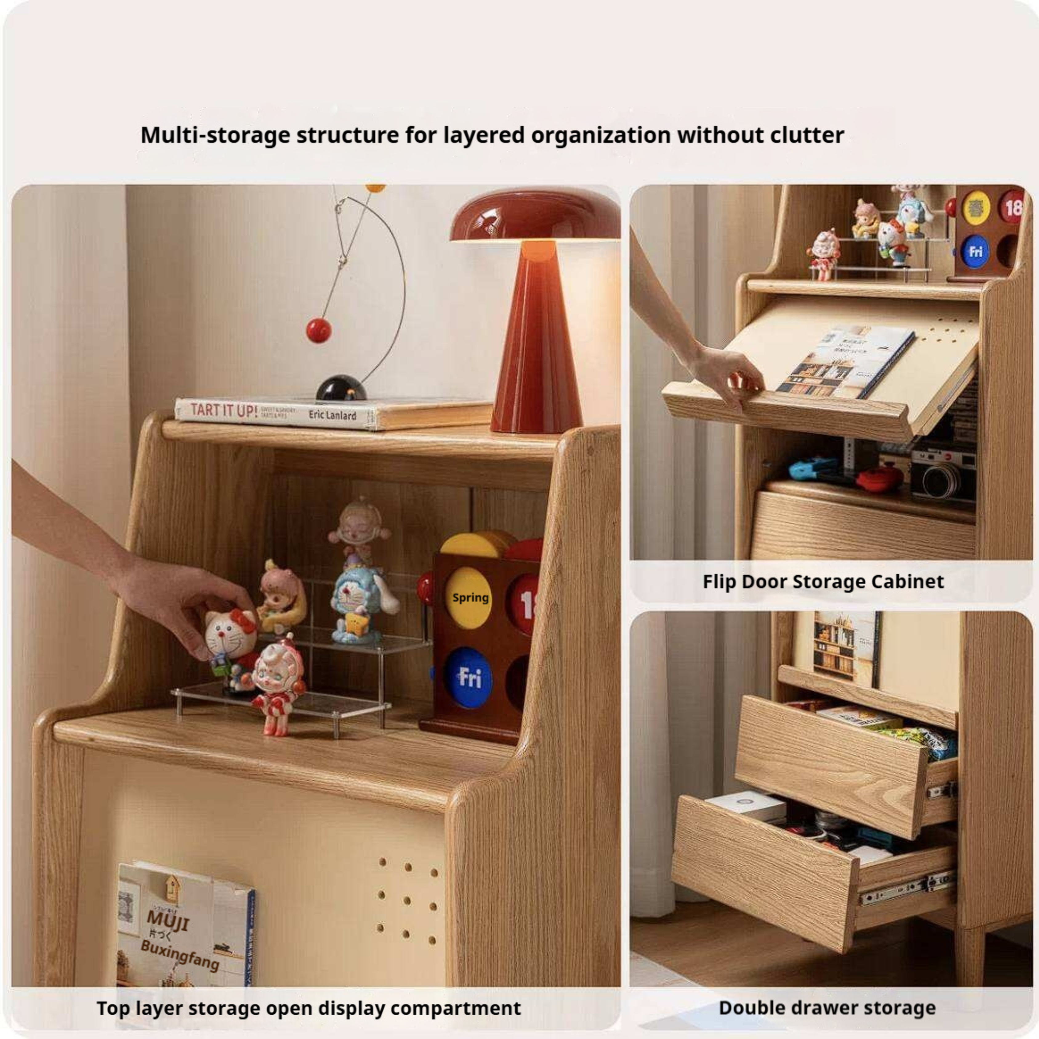 Oak Solid Wood Tall Narrow Cabinet with Open Shelf and Flip Door