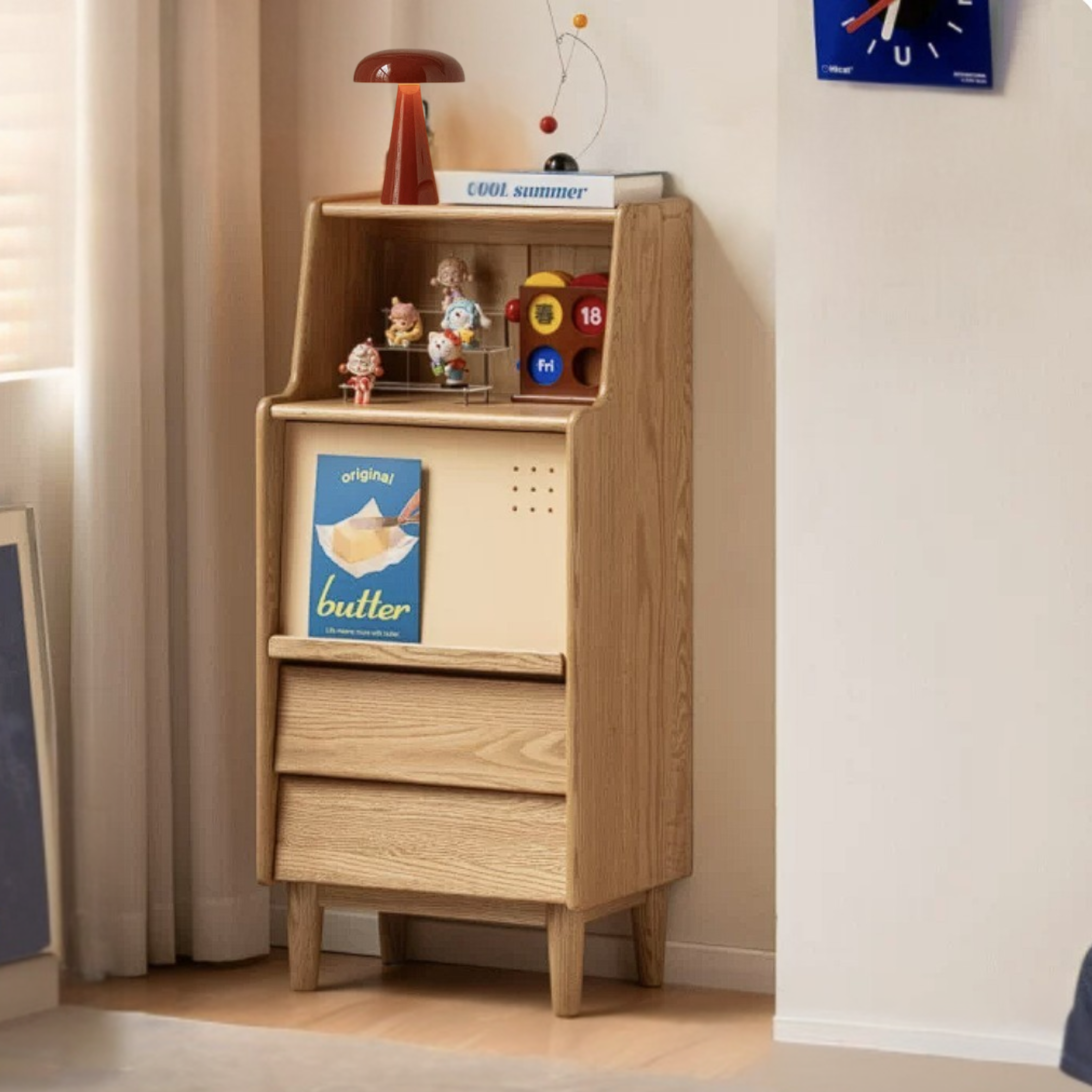 Oak Solid Wood Tall Narrow Cabinet with Open Shelf and Flip Door