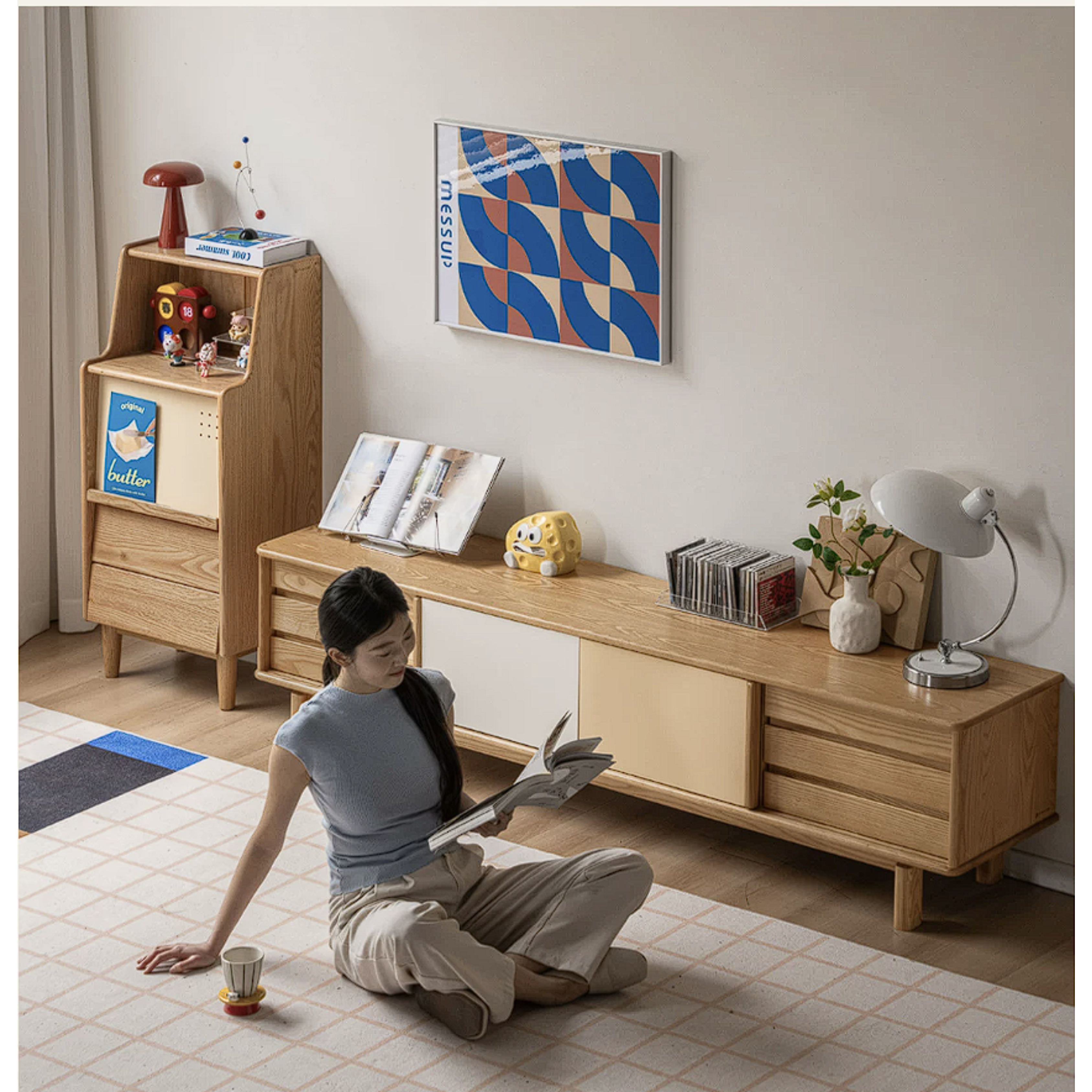 Oak Solid Wood Tall Narrow Cabinet with Open Shelf and Flip Door
