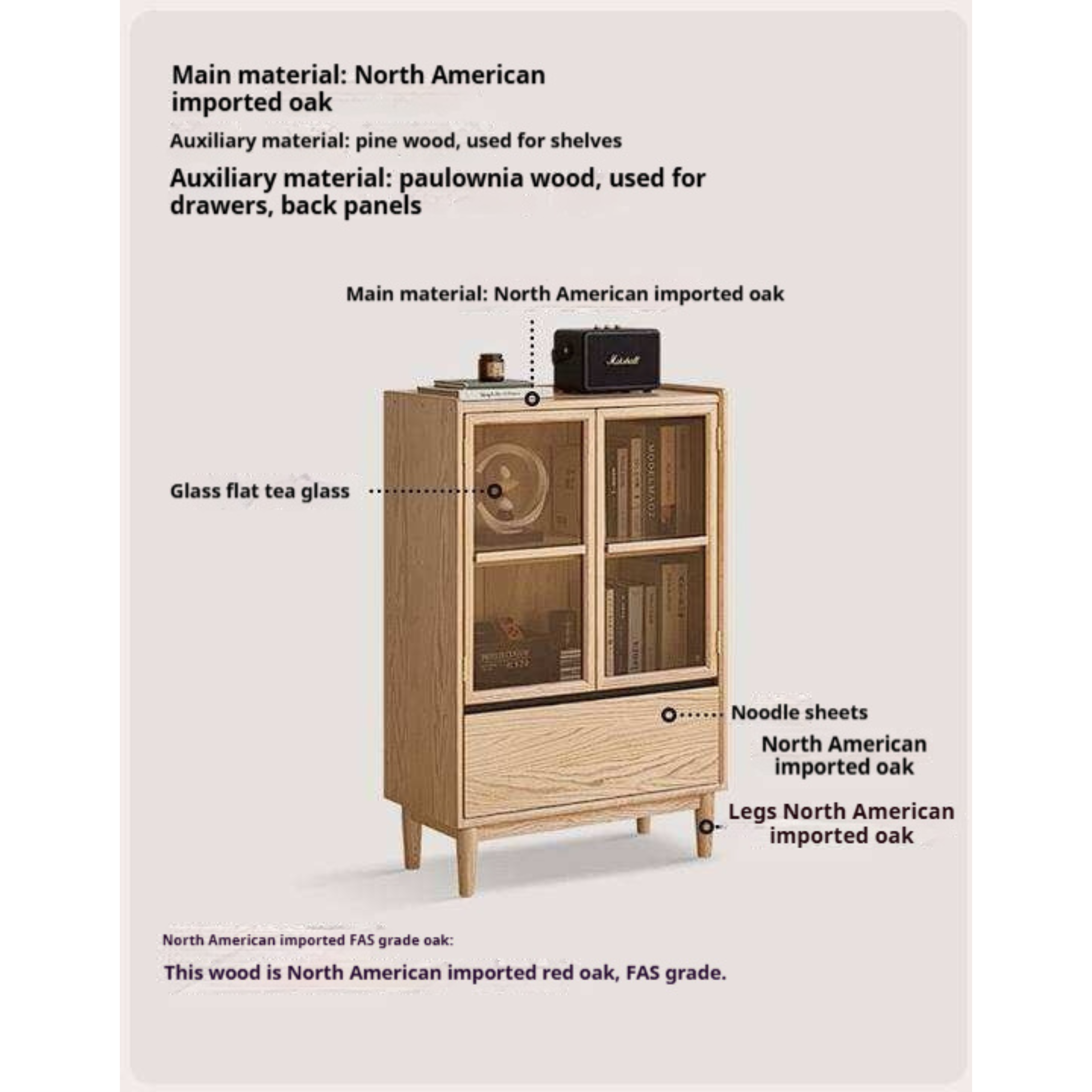 Oak Solid Wood Glass Door Display Cabinet with Drawer