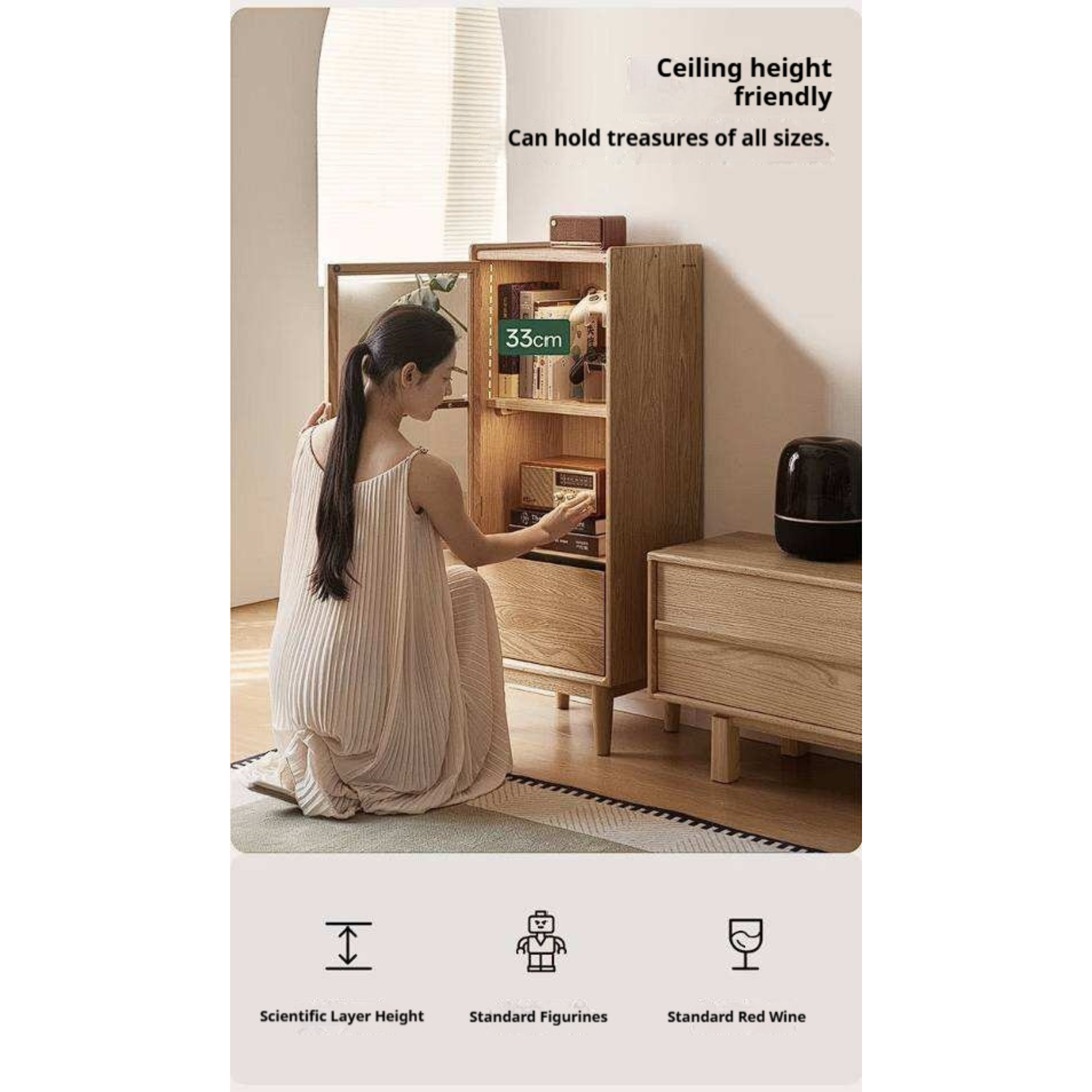 Oak Solid Wood Glass Door Display Cabinet with Drawer