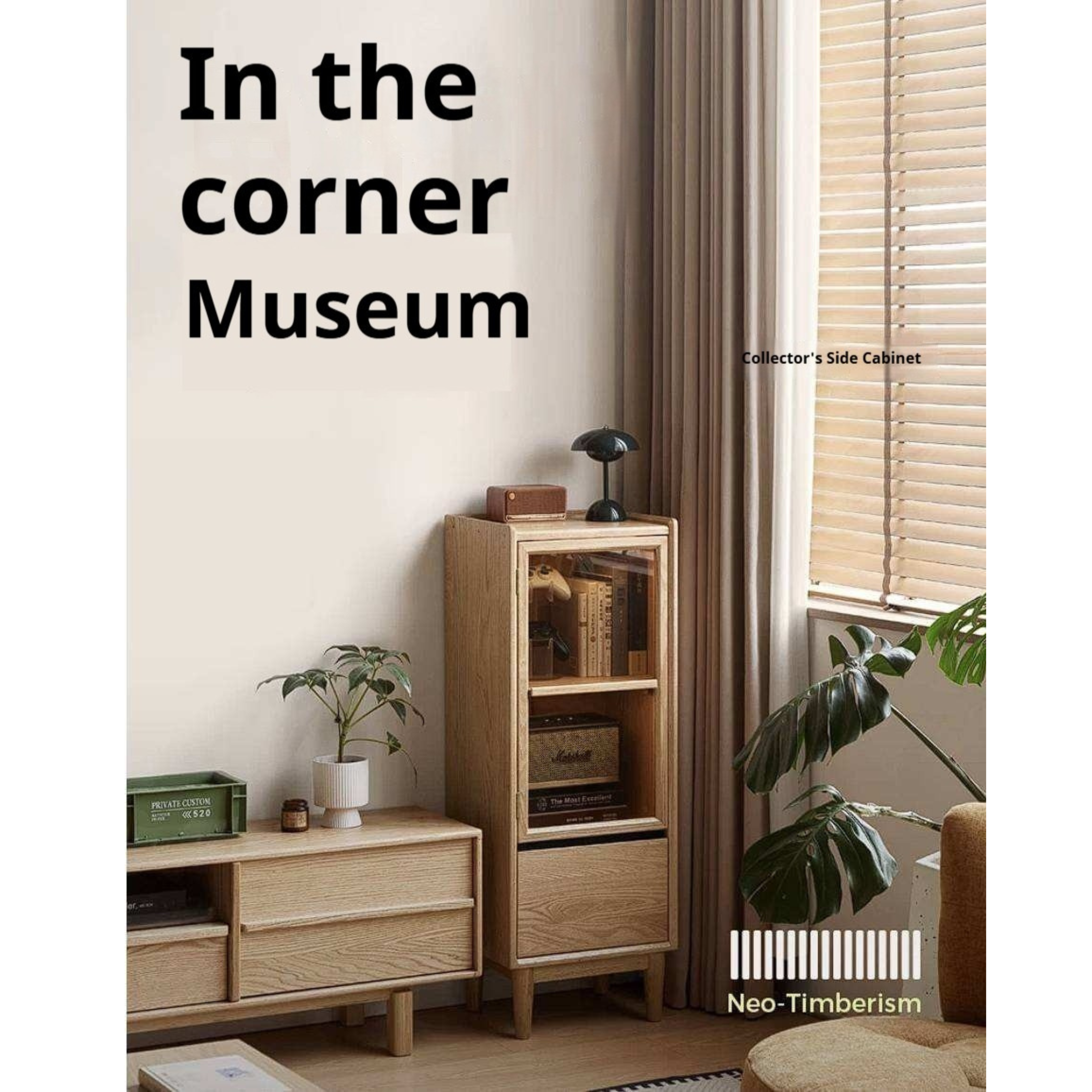 Oak Solid Wood Glass Door Display Cabinet with Drawer