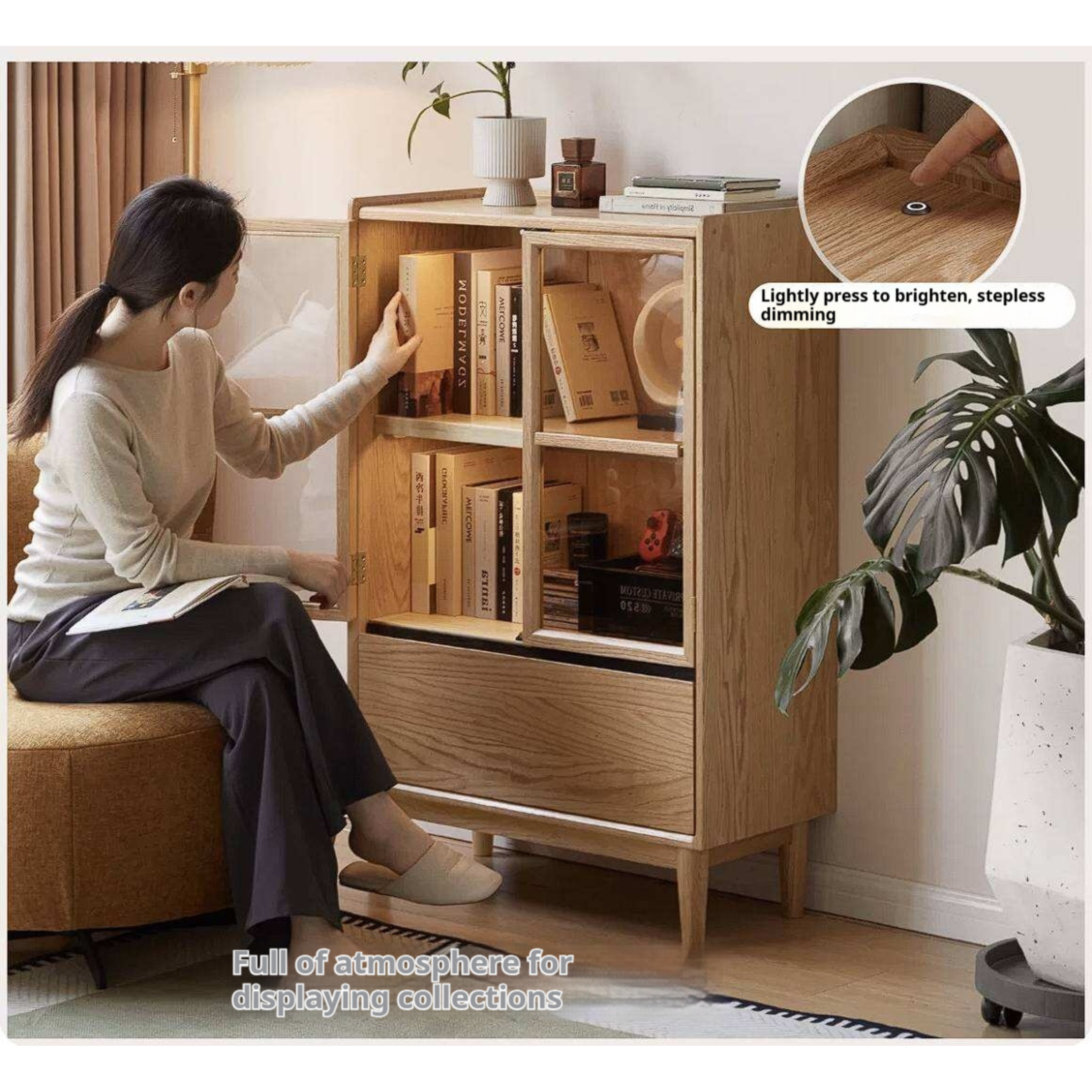 Oak Solid Wood Glass Door Display Cabinet with Drawer