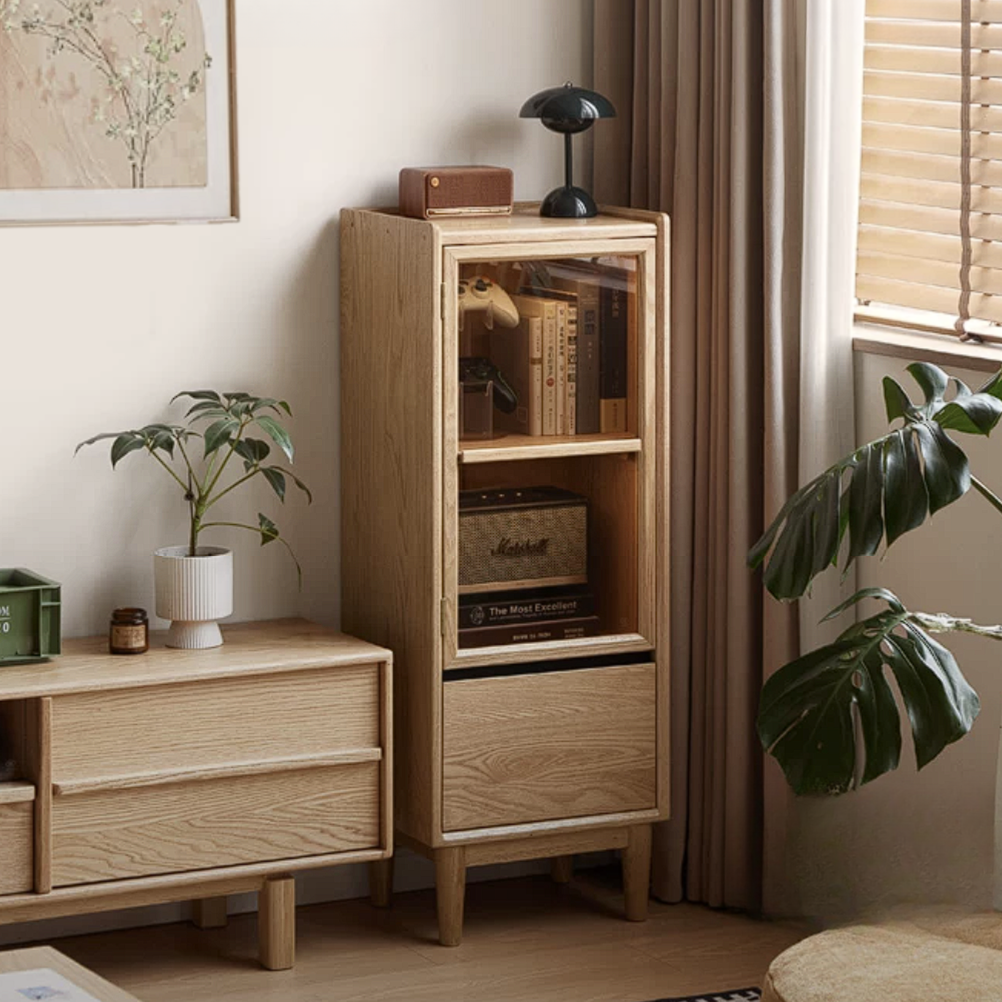 Oak Solid Wood Glass Door Display Cabinet with Drawer
