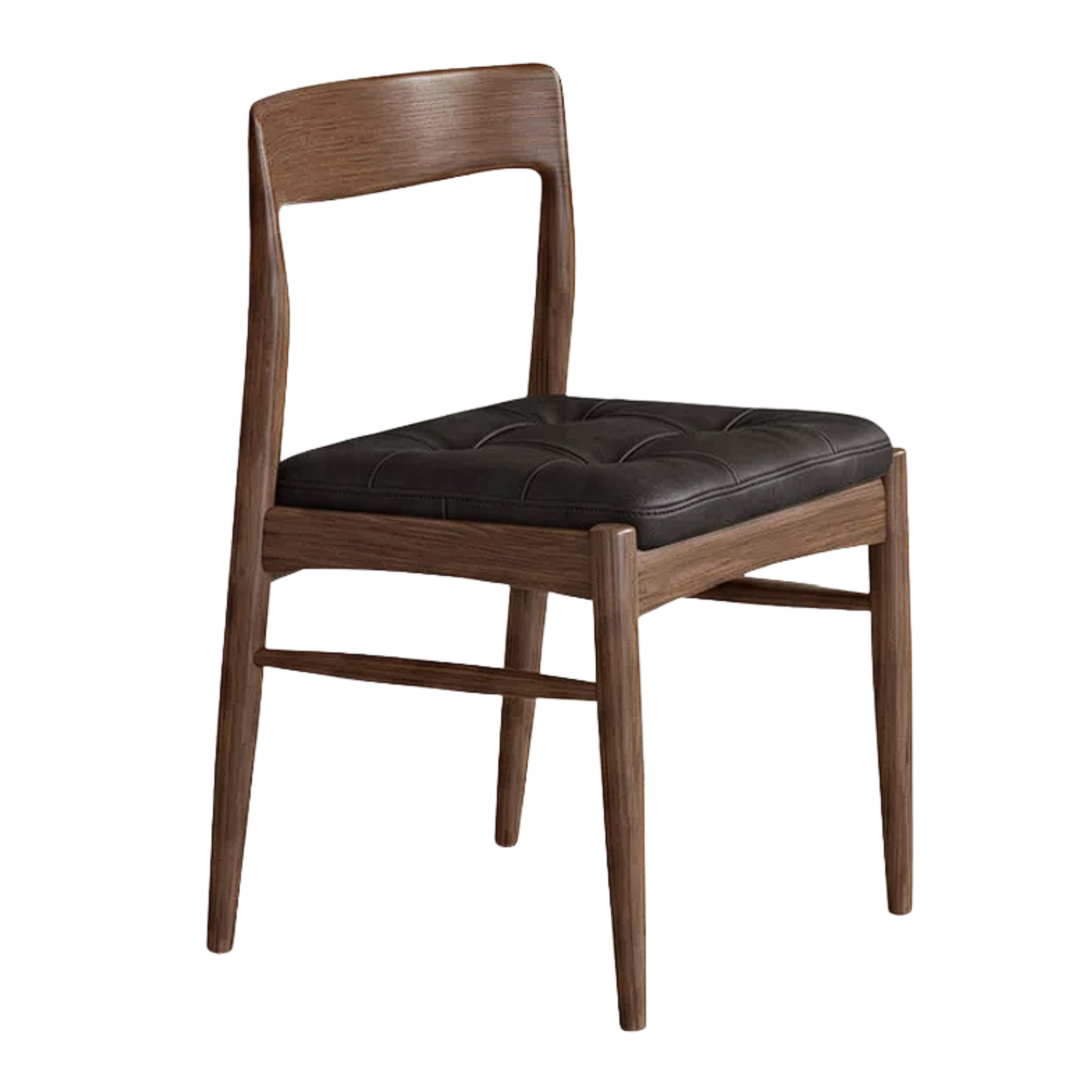 Set 4 pcs Black Walnut, Golden Pearwood Solid Wood Curved Back Dining Chair with Tufted Leather Seat