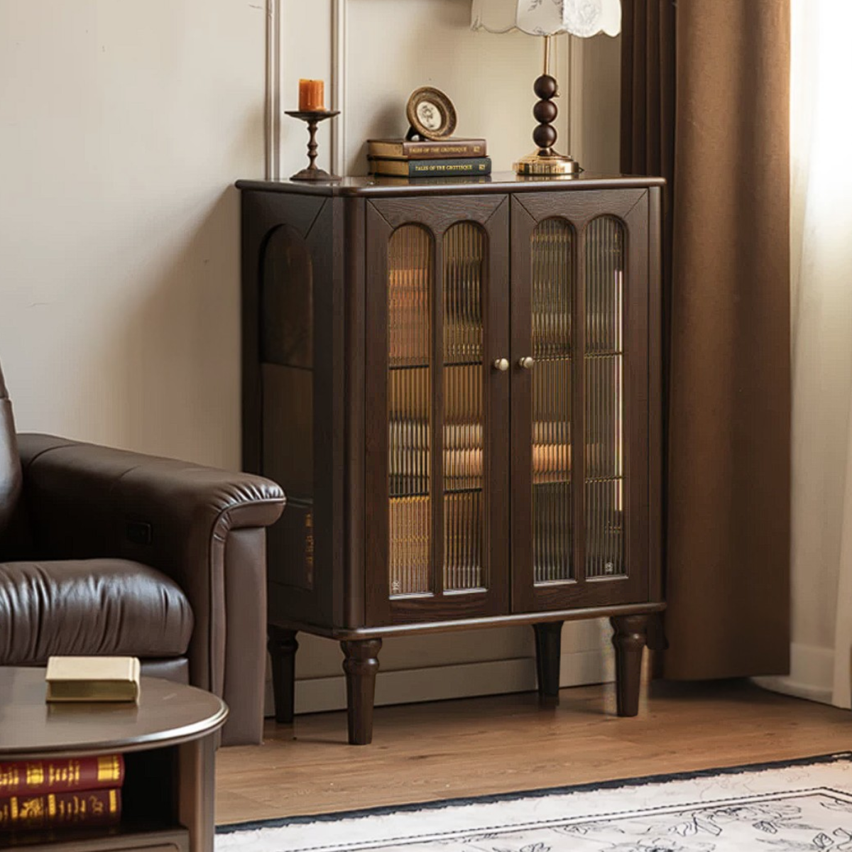 Ash Solid Wood Vintage Arched-Top Curio Cabinet with Three-Sided Glass and LED Lighting