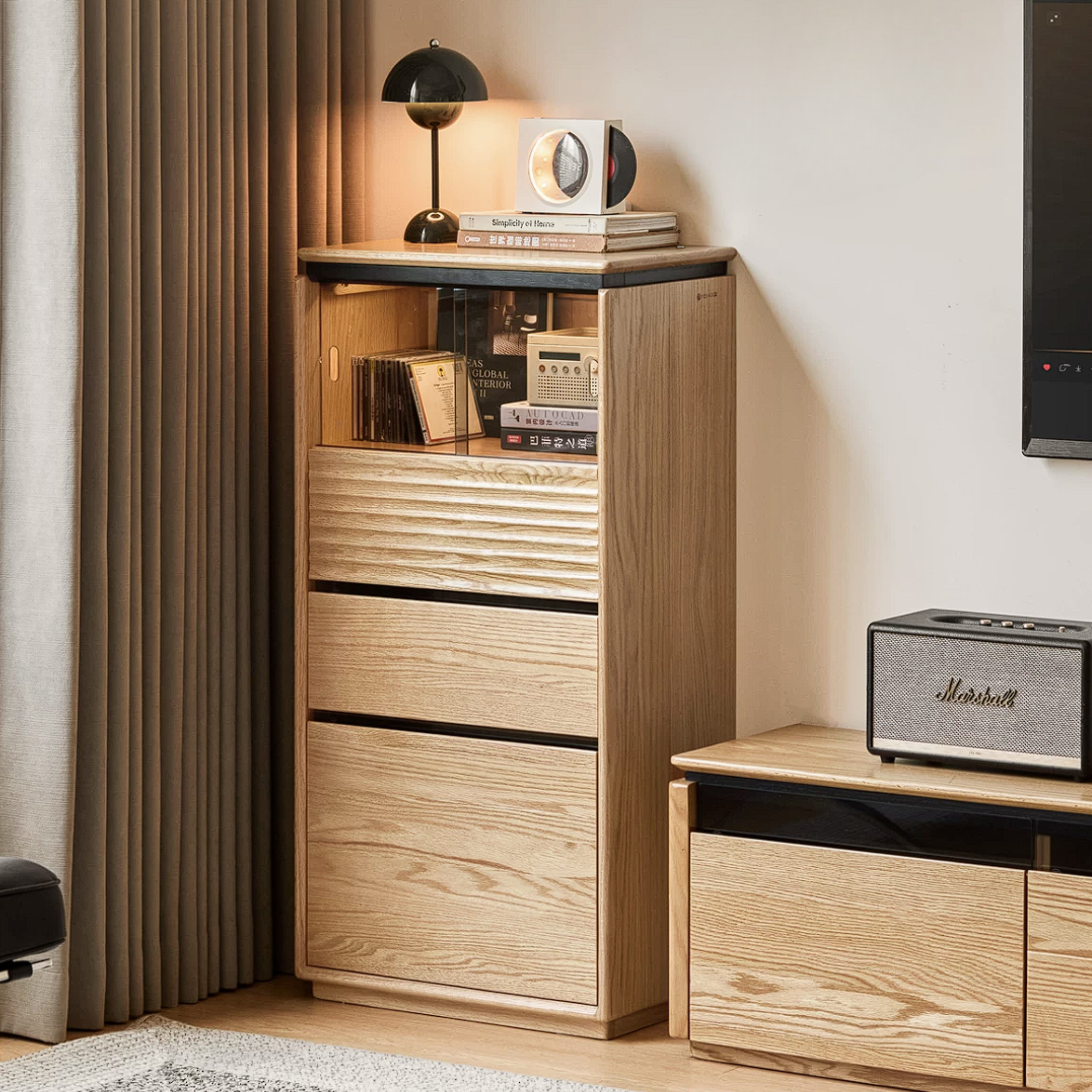 Oak Solid Wood Tall Side Cabinet with Louvered Sliding Door and LED Lighting