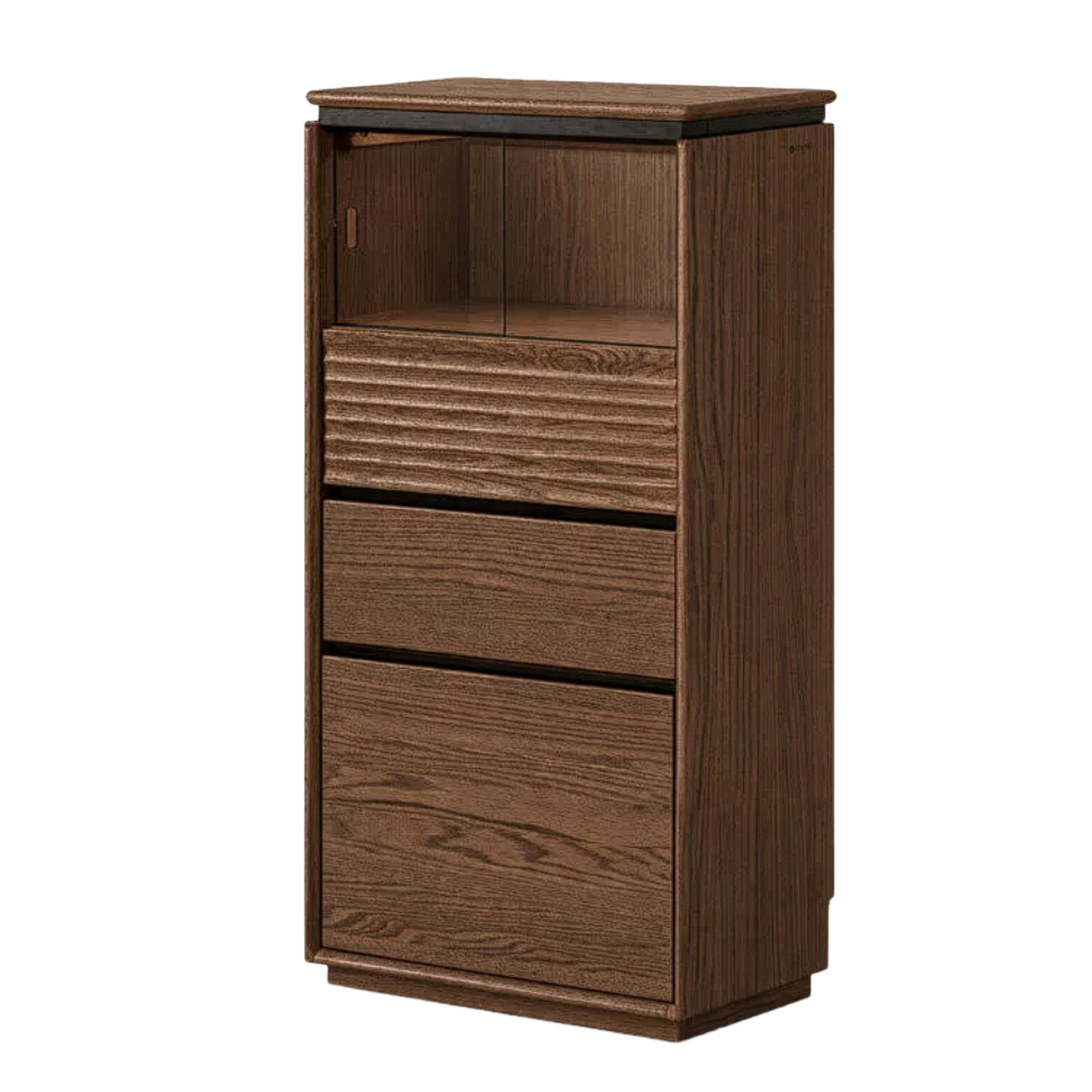 Oak Solid Wood Tall Side Cabinet with Louvered Sliding Door and LED Lighting