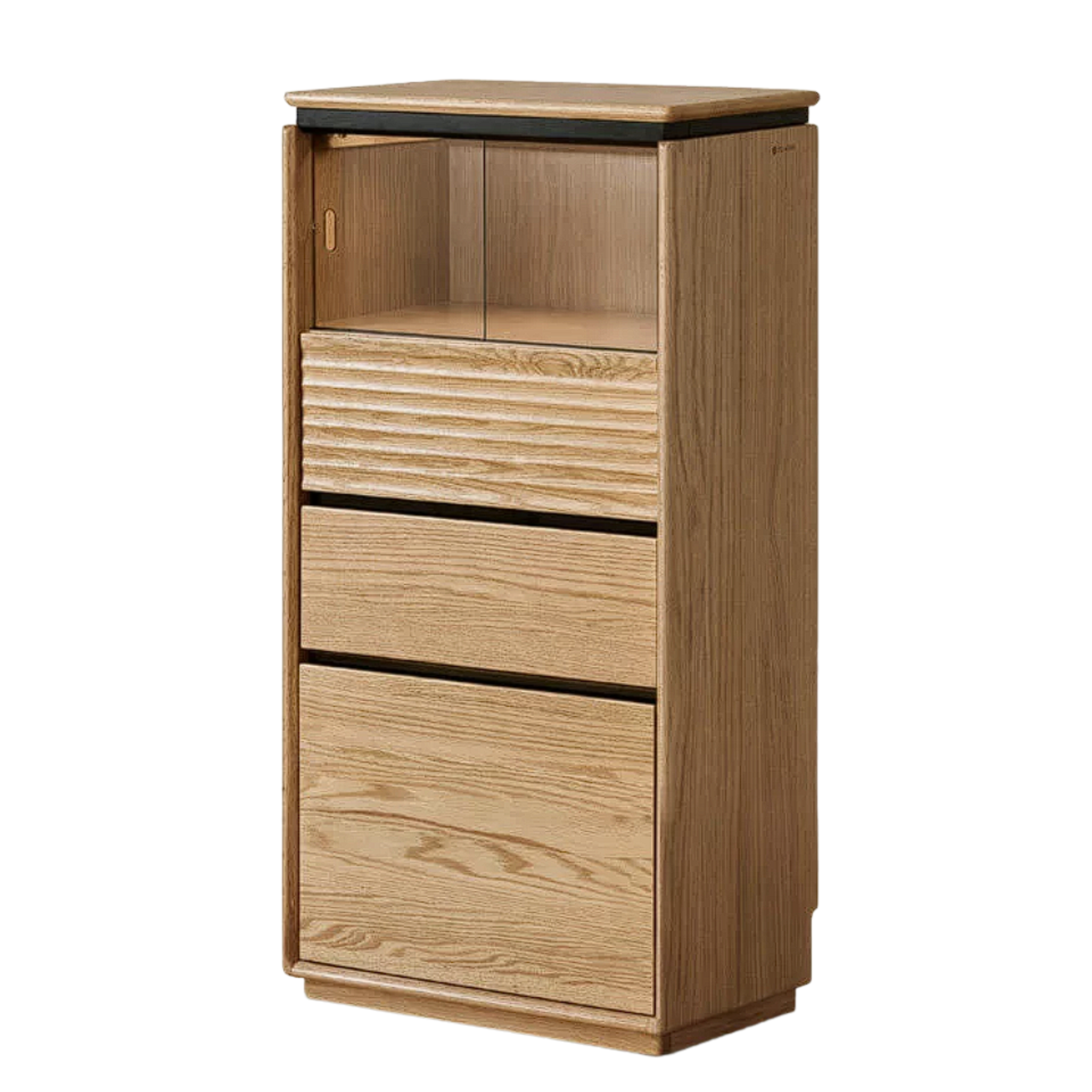 Oak Solid Wood Tall Side Cabinet with Louvered Sliding Door and LED Lighting