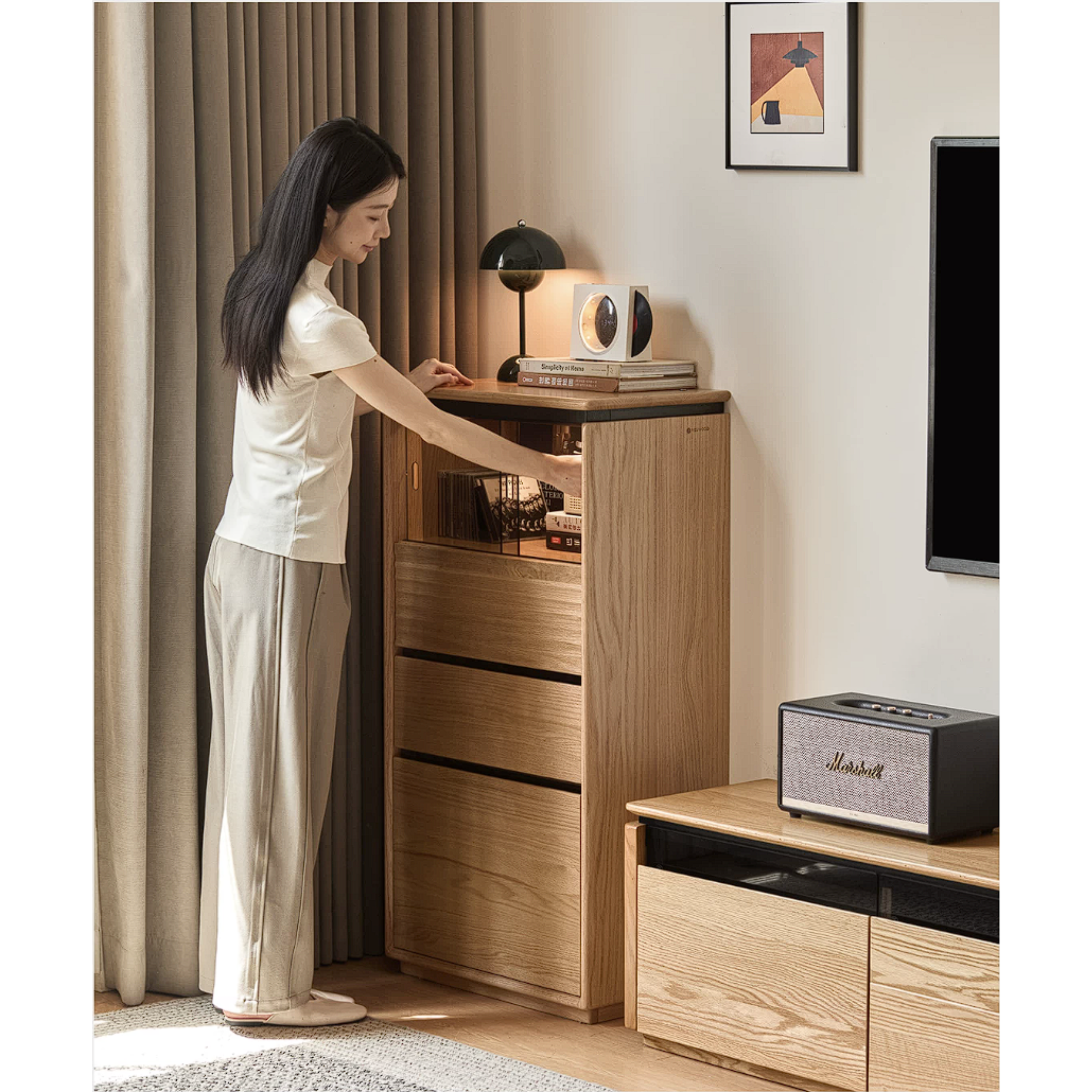 Oak Solid Wood Tall Side Cabinet with Louvered Sliding Door and LED Lighting