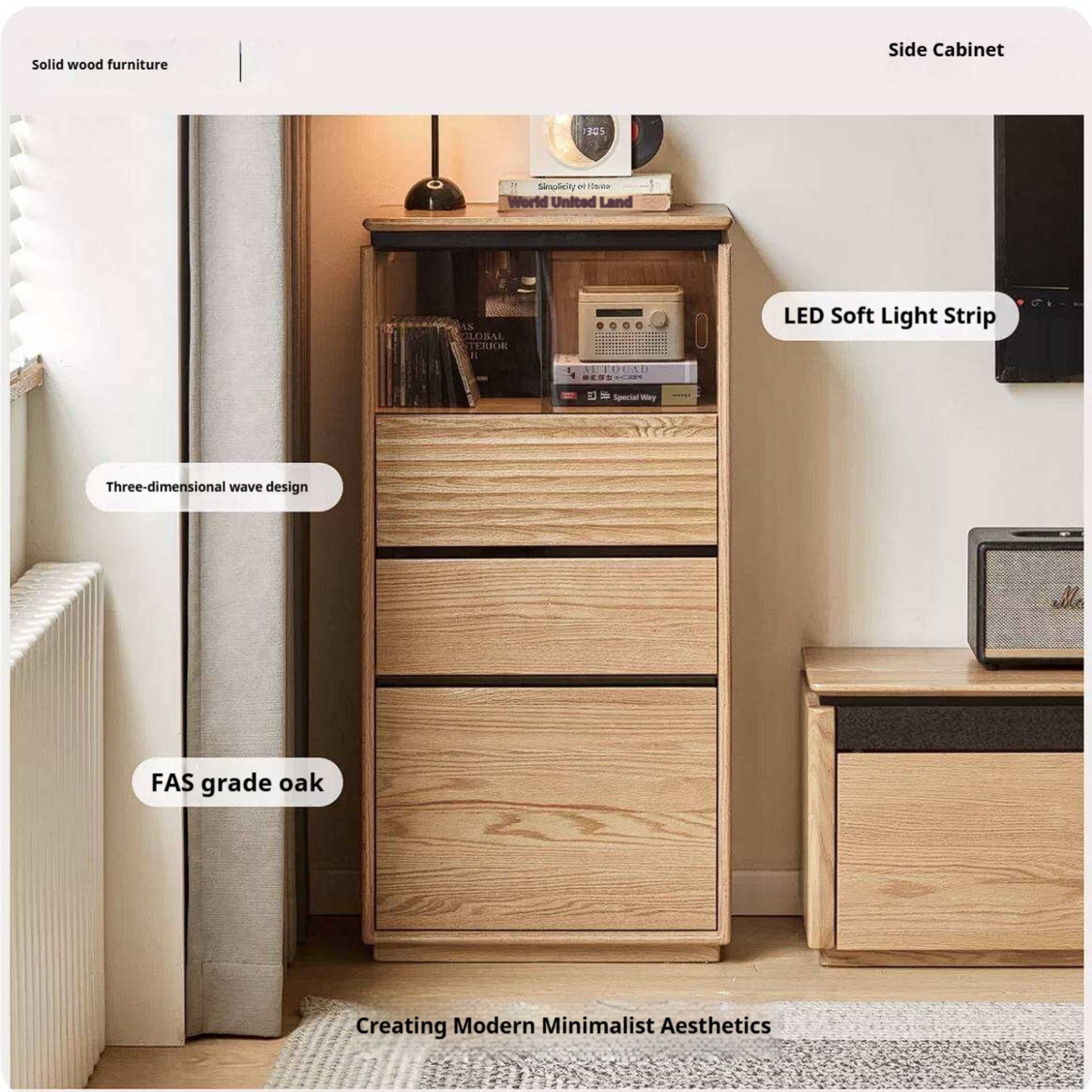 Oak Solid Wood Tall Side Cabinet with Louvered Sliding Door and LED Lighting