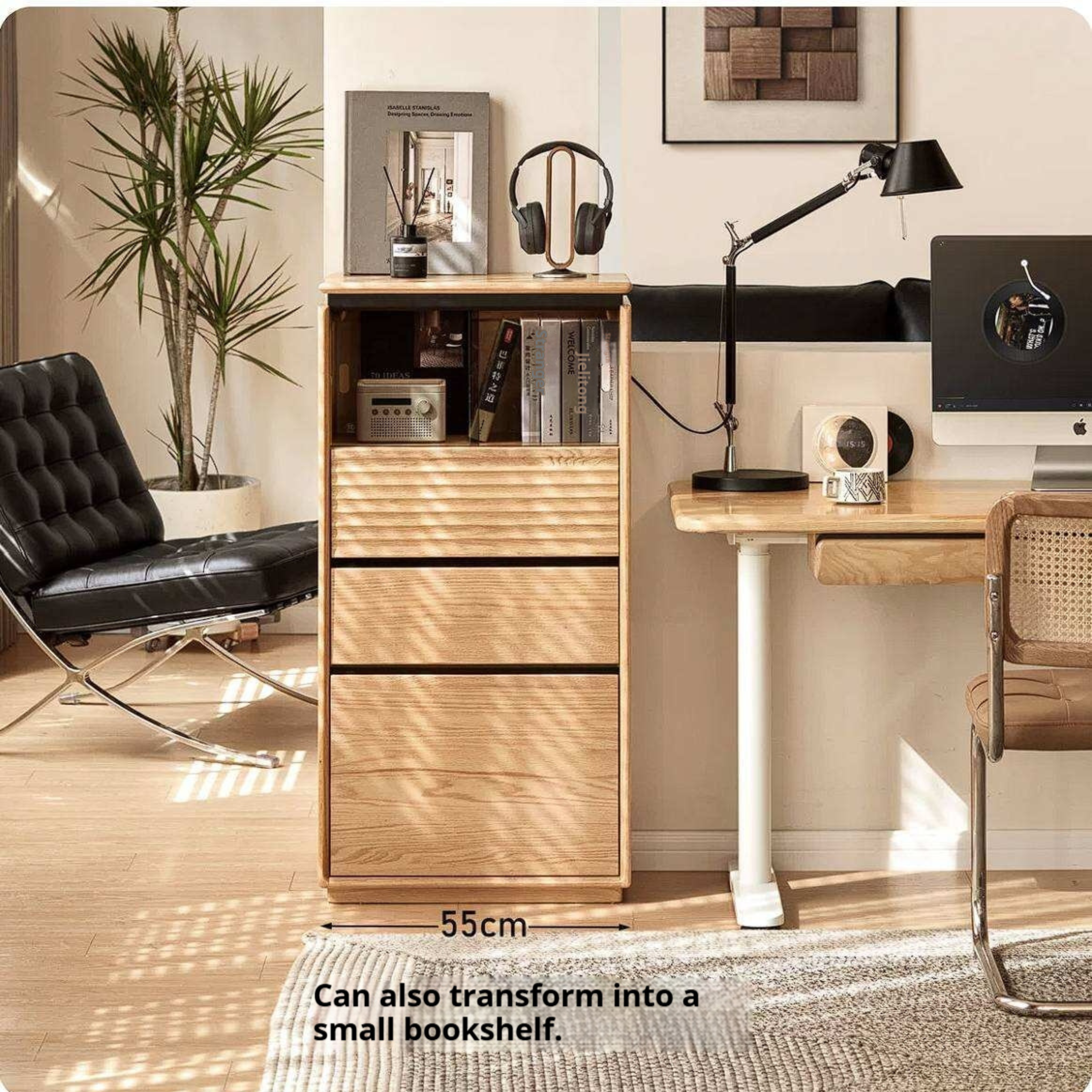 Oak Solid Wood Tall Side Cabinet with Louvered Sliding Door and LED Lighting