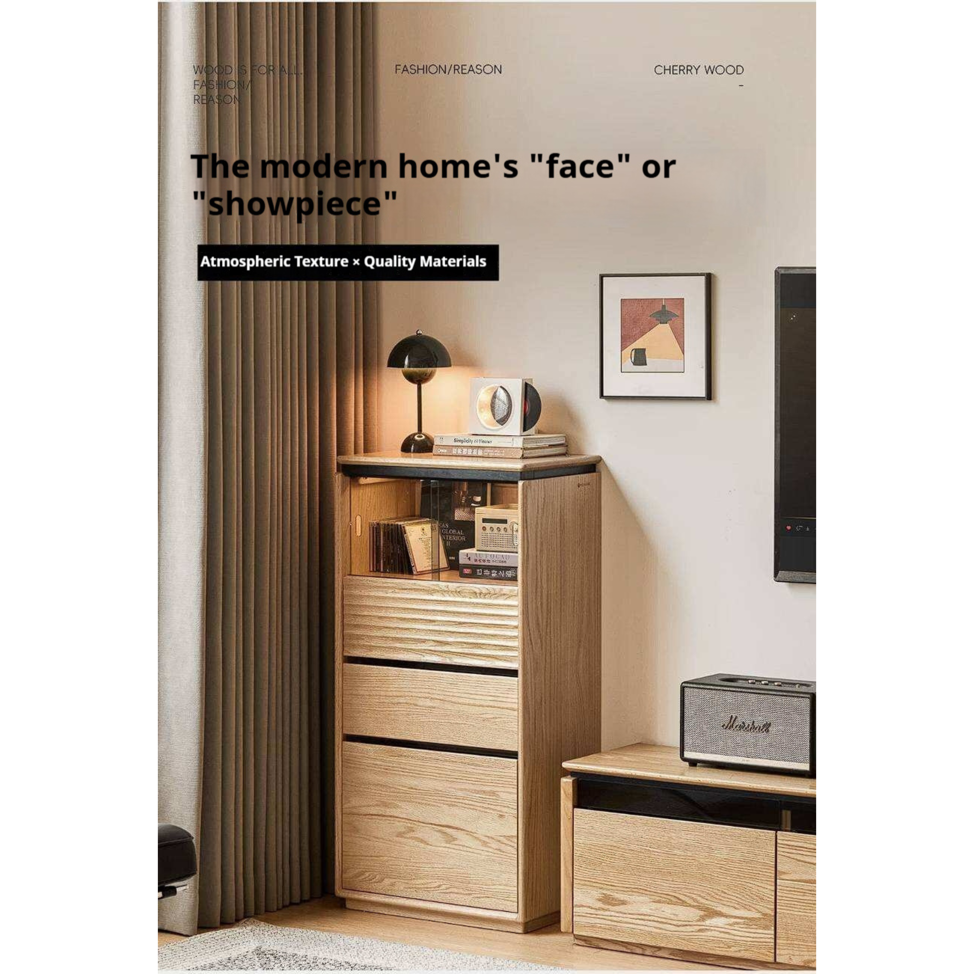 Oak Solid Wood Tall Side Cabinet with Louvered Sliding Door and LED Lighting