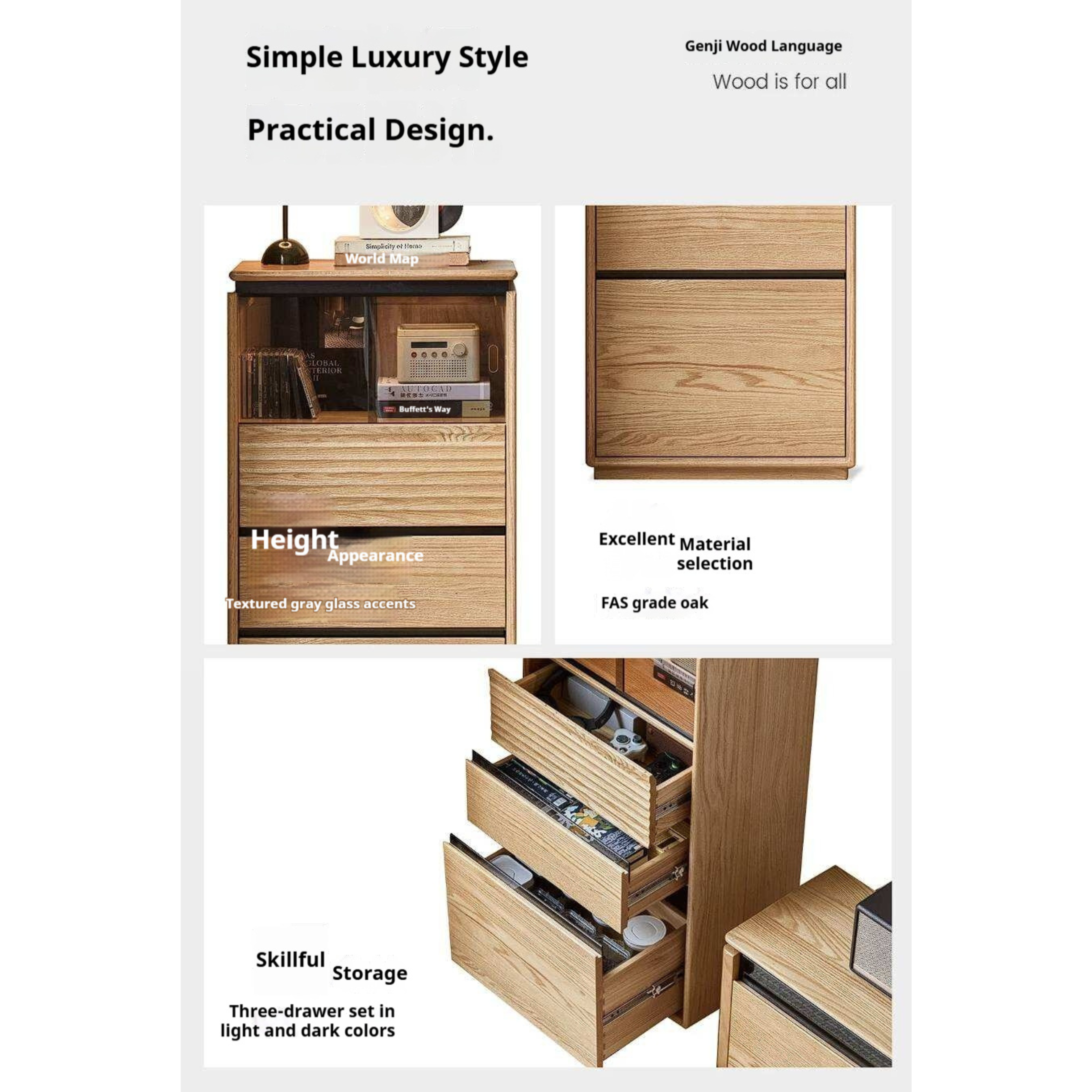 Oak Solid Wood Tall Side Cabinet with Louvered Sliding Door and LED Lighting