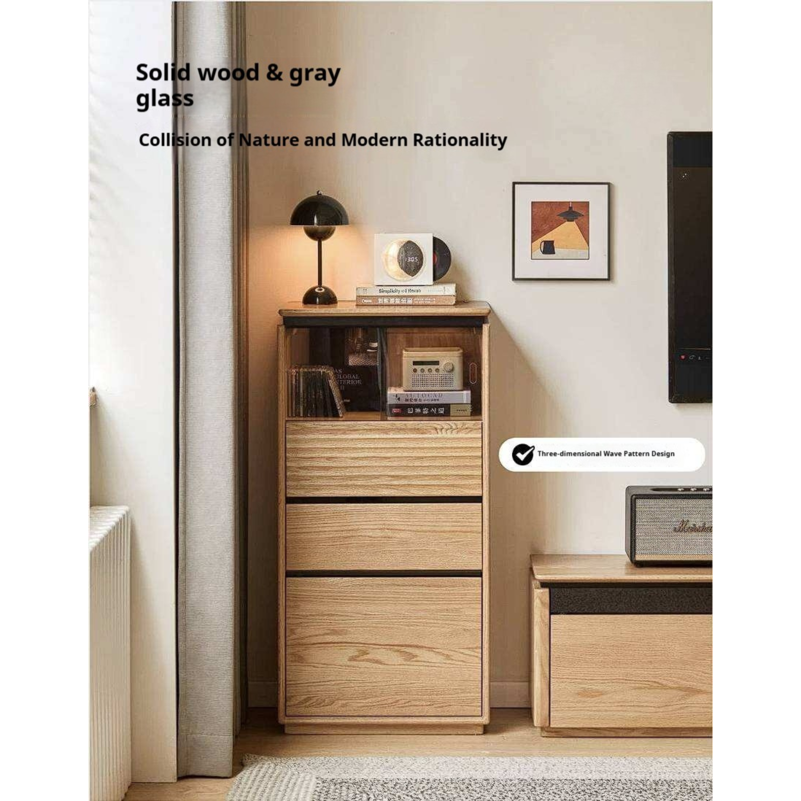 Oak Solid Wood Tall Side Cabinet with Louvered Sliding Door and LED Lighting