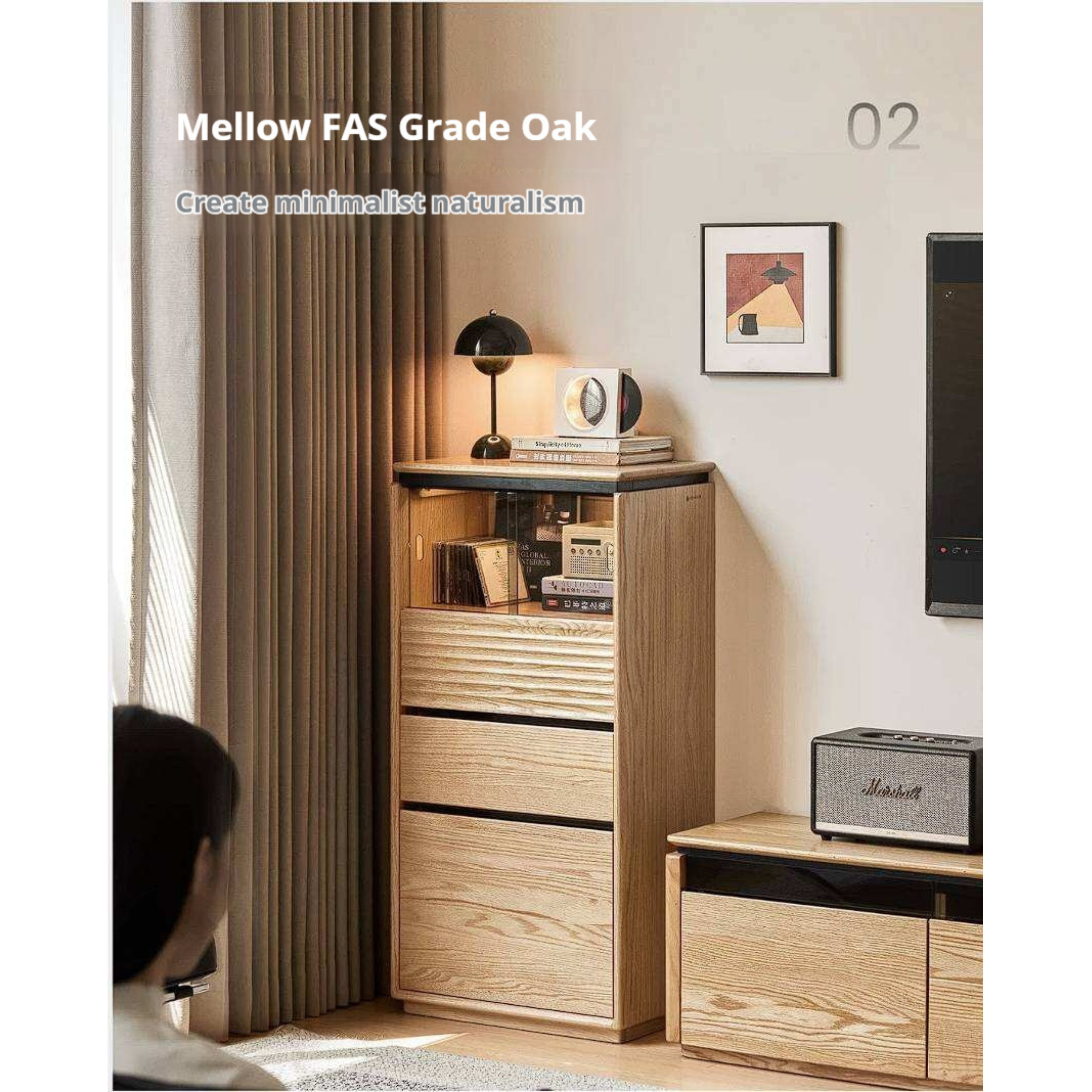 Oak Solid Wood Tall Side Cabinet with Louvered Sliding Door and LED Lighting