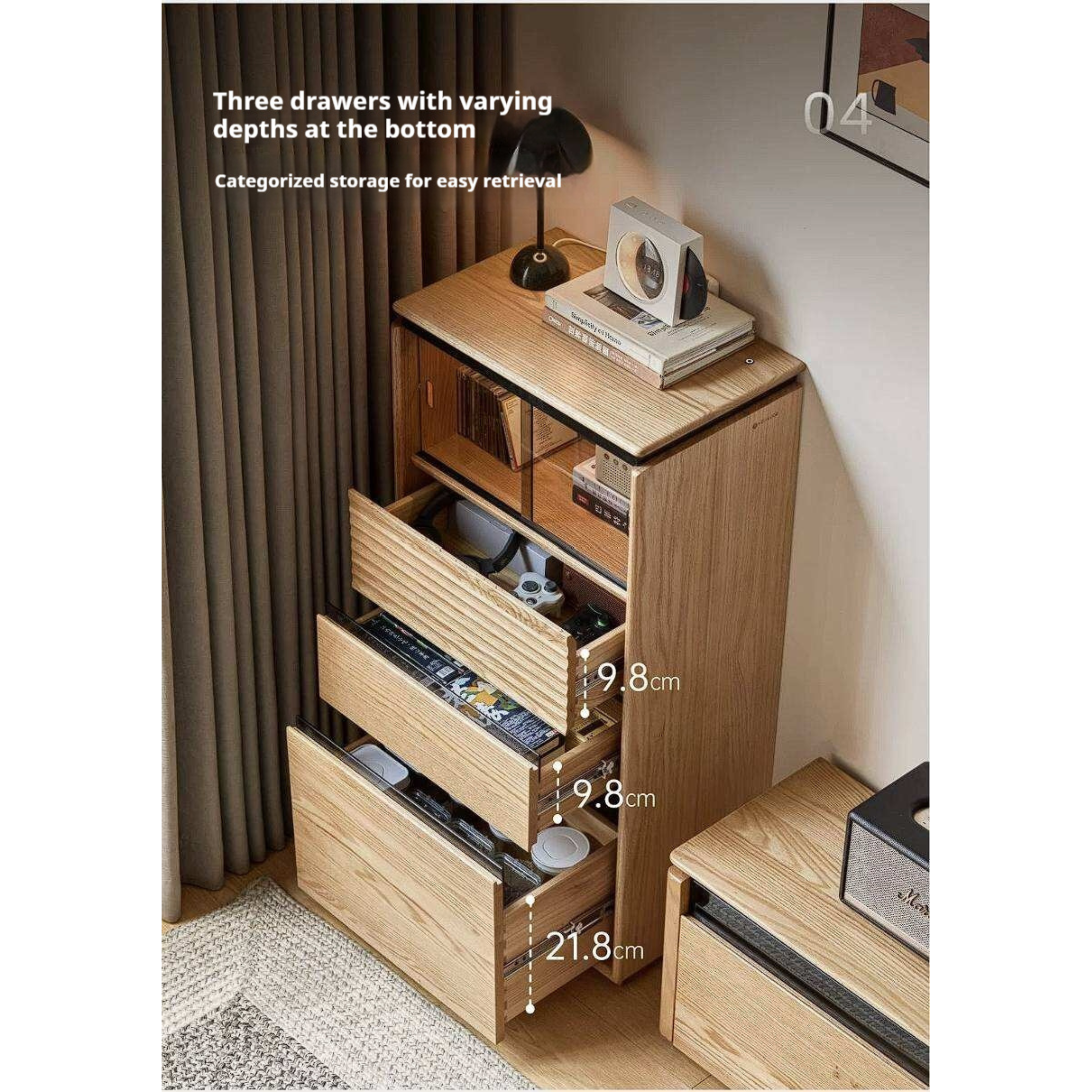 Oak Solid Wood Tall Side Cabinet with Louvered Sliding Door and LED Lighting