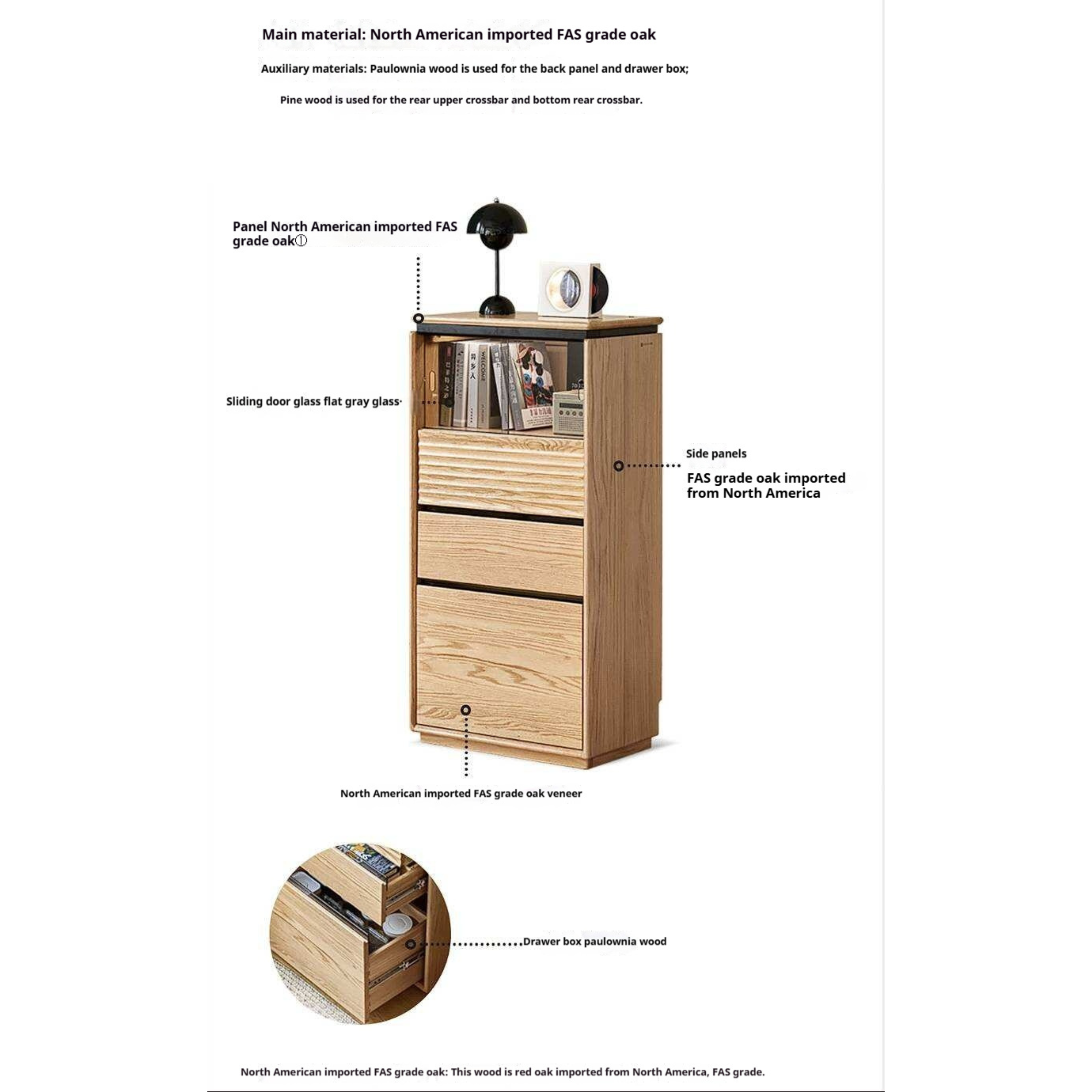 Oak Solid Wood Tall Side Cabinet with Louvered Sliding Door and LED Lighting