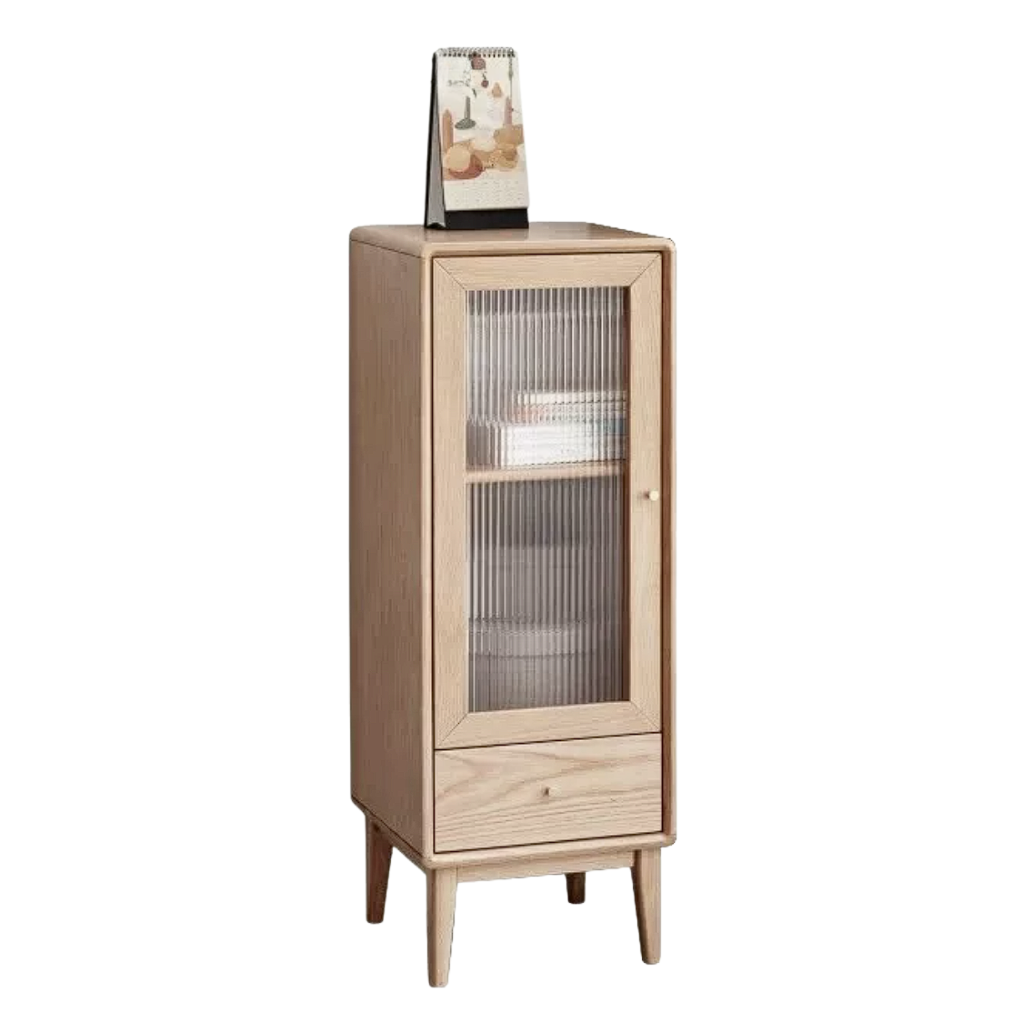 Ash Solid Wood Narrow Accent Cabinet with Fluted Glass Door and Drawer