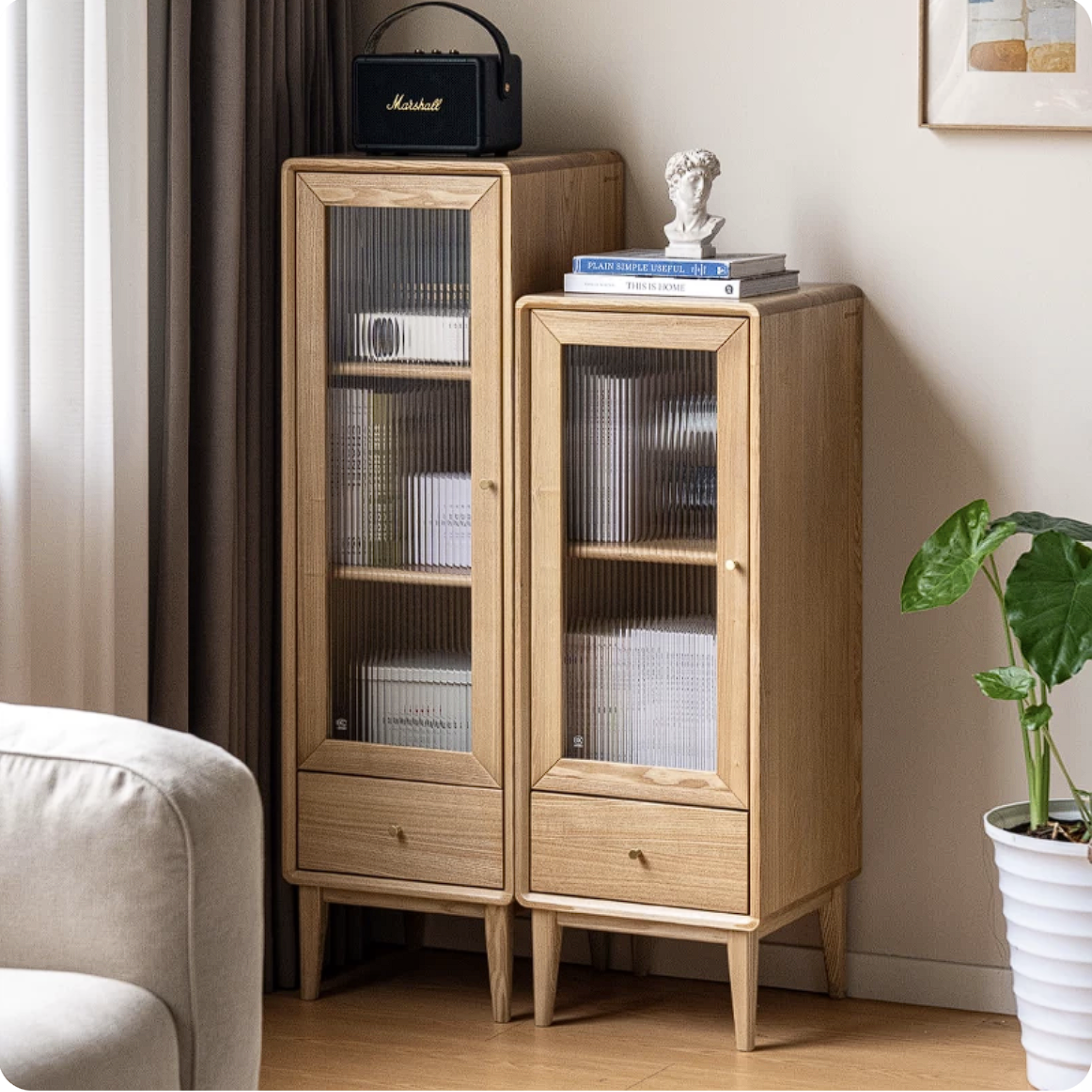 Ash Solid Wood Narrow Accent Cabinet with Fluted Glass Door and Drawer