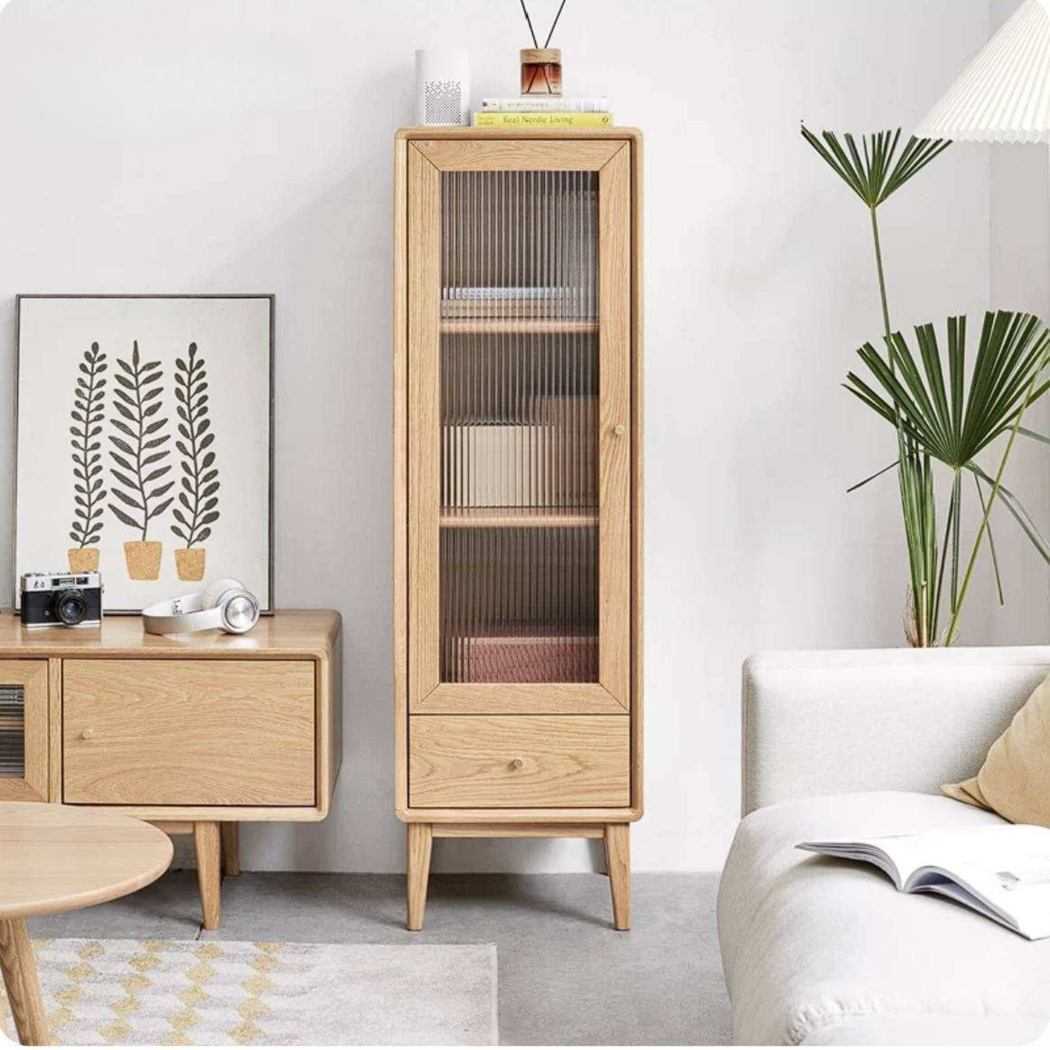 Ash Solid Wood Narrow Accent Cabinet with Fluted Glass Door and Drawer