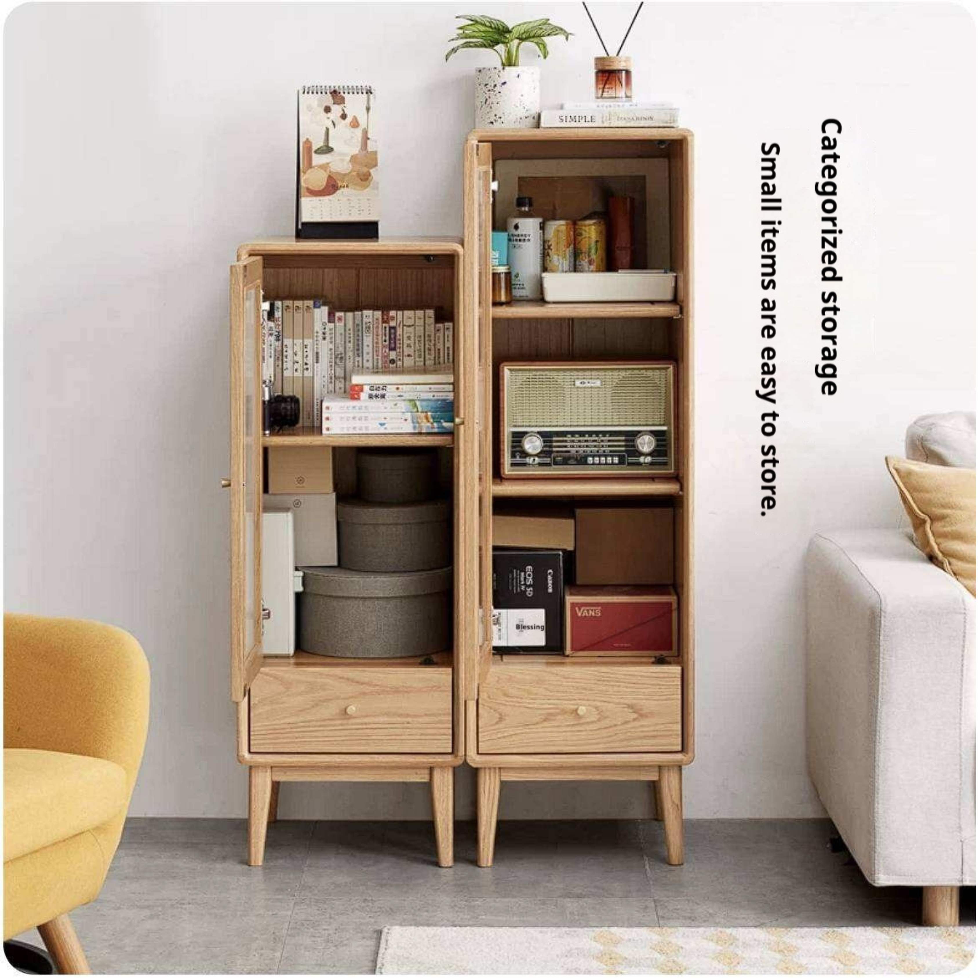 Ash Solid Wood Narrow Accent Cabinet with Fluted Glass Door and Drawer