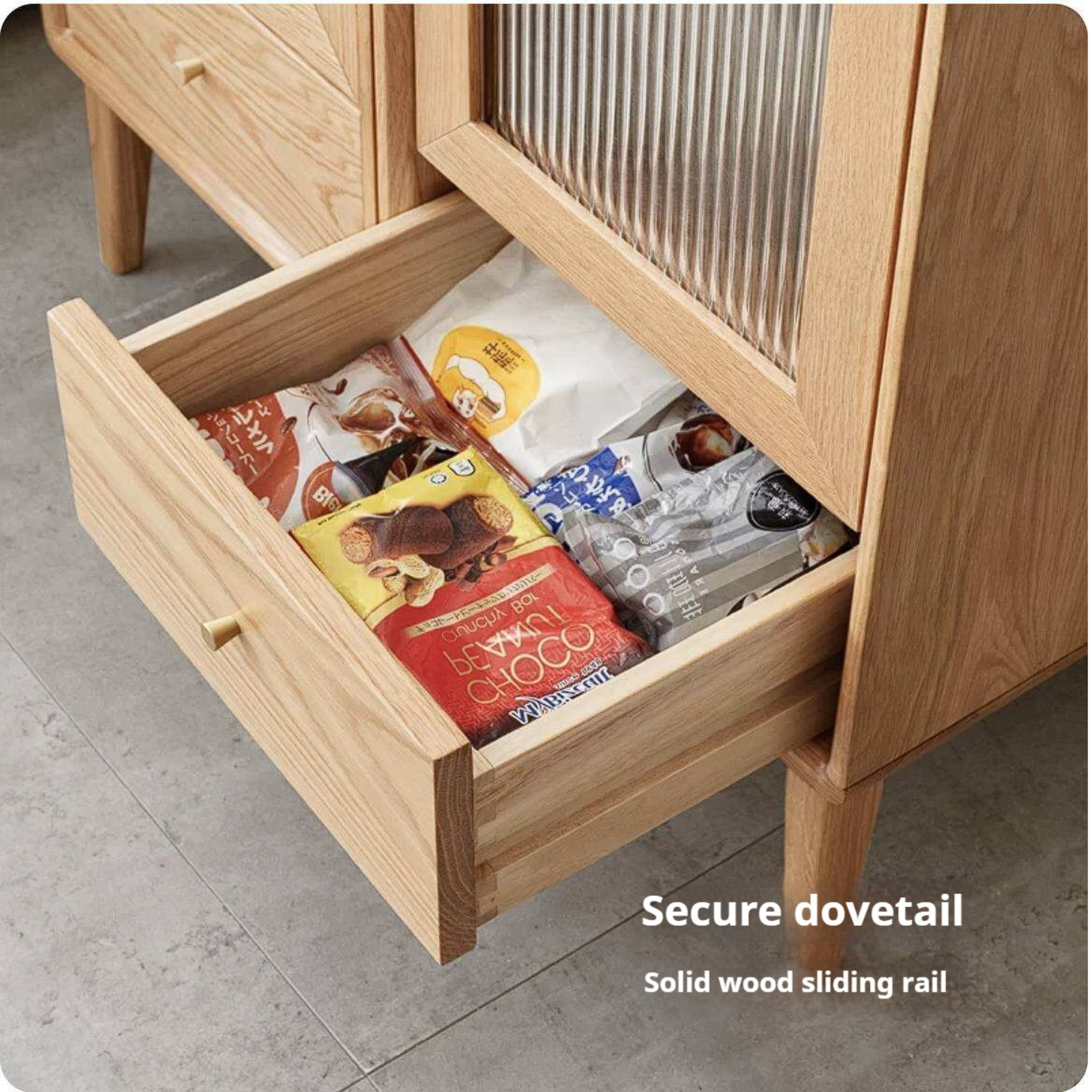 Ash Solid Wood Narrow Accent Cabinet with Fluted Glass Door and Drawer