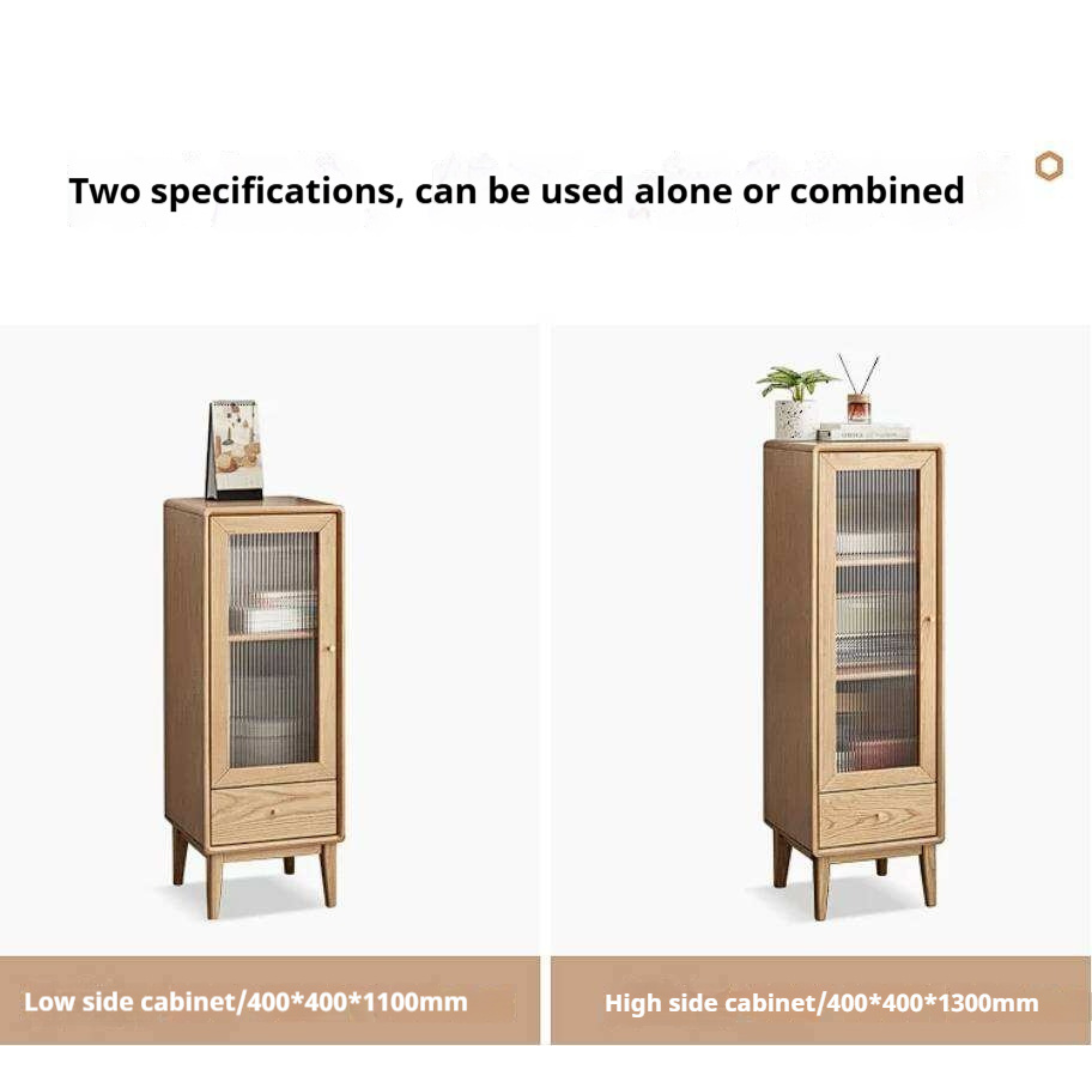 Ash Solid Wood Narrow Accent Cabinet with Fluted Glass Door and Drawer