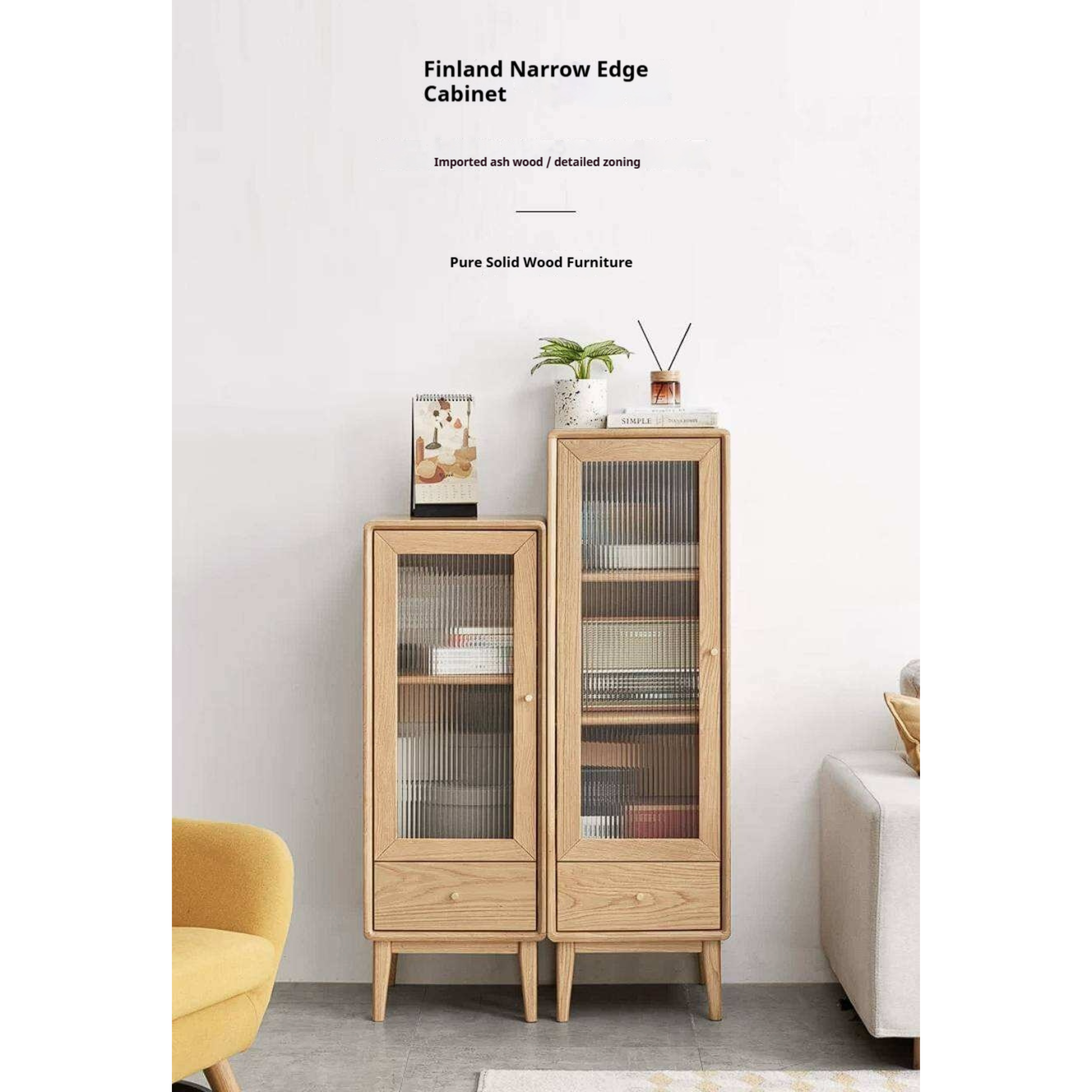 Ash Solid Wood Narrow Accent Cabinet with Fluted Glass Door and Drawer