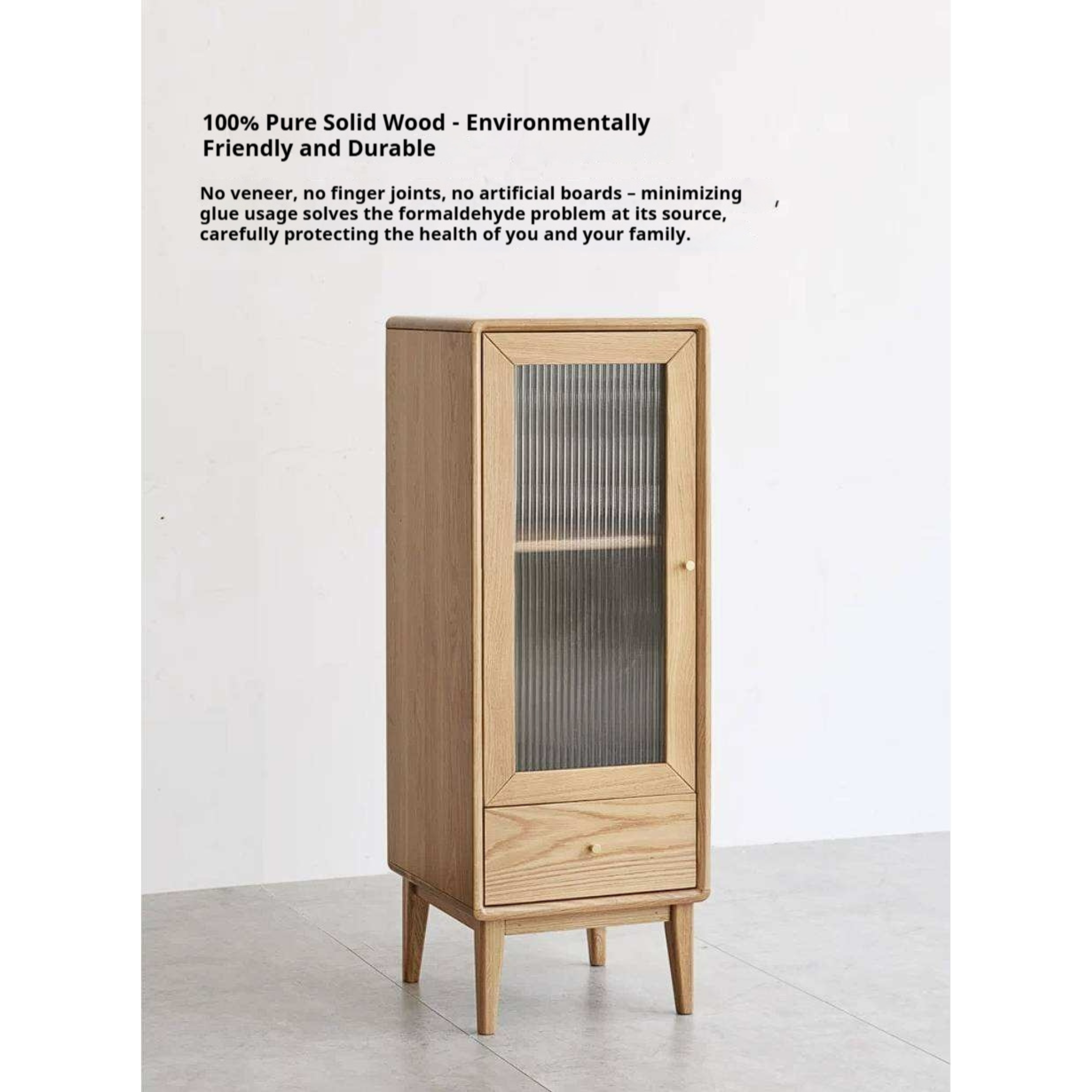 Ash Solid Wood Narrow Accent Cabinet with Fluted Glass Door and Drawer