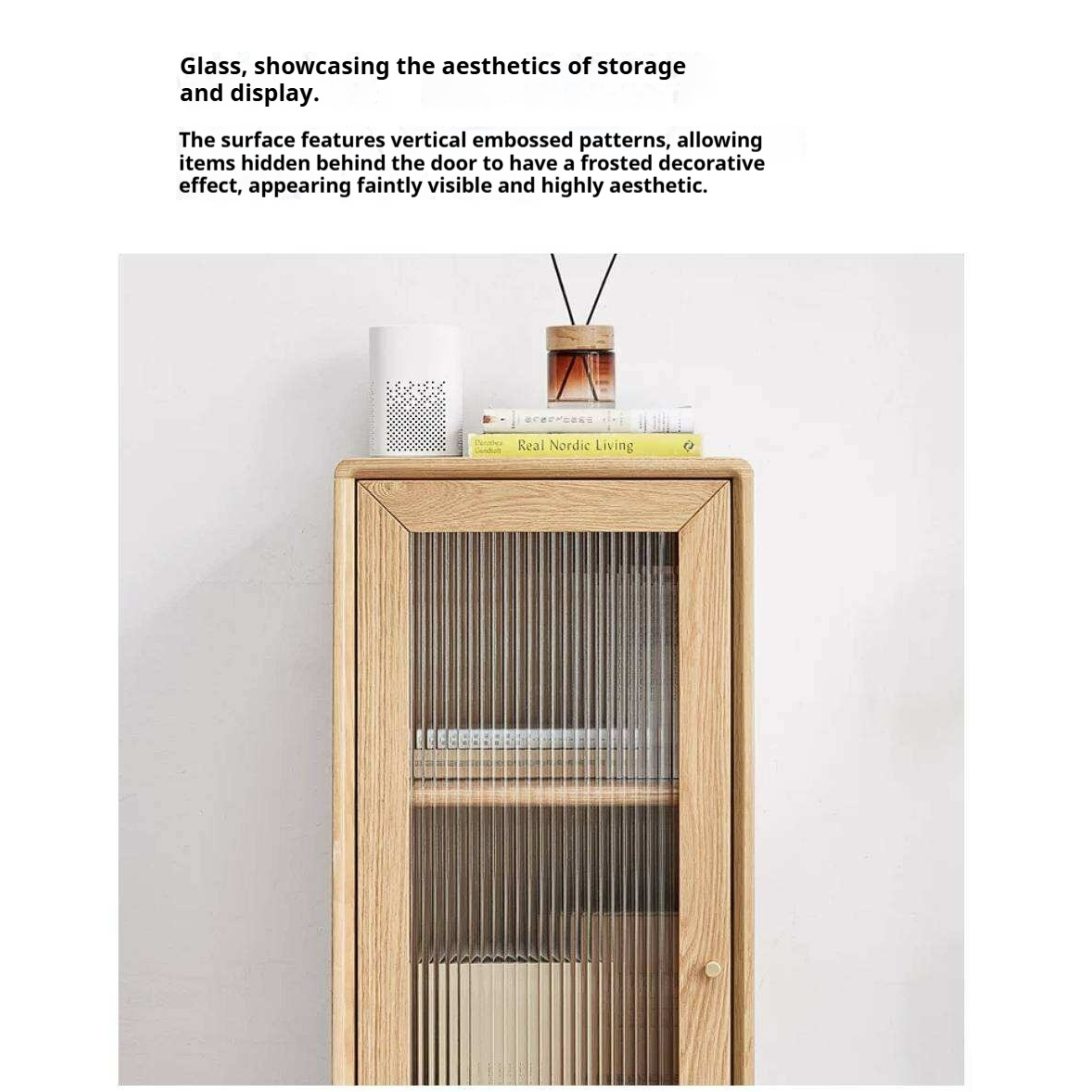Ash Solid Wood Narrow Accent Cabinet with Fluted Glass Door and Drawer
