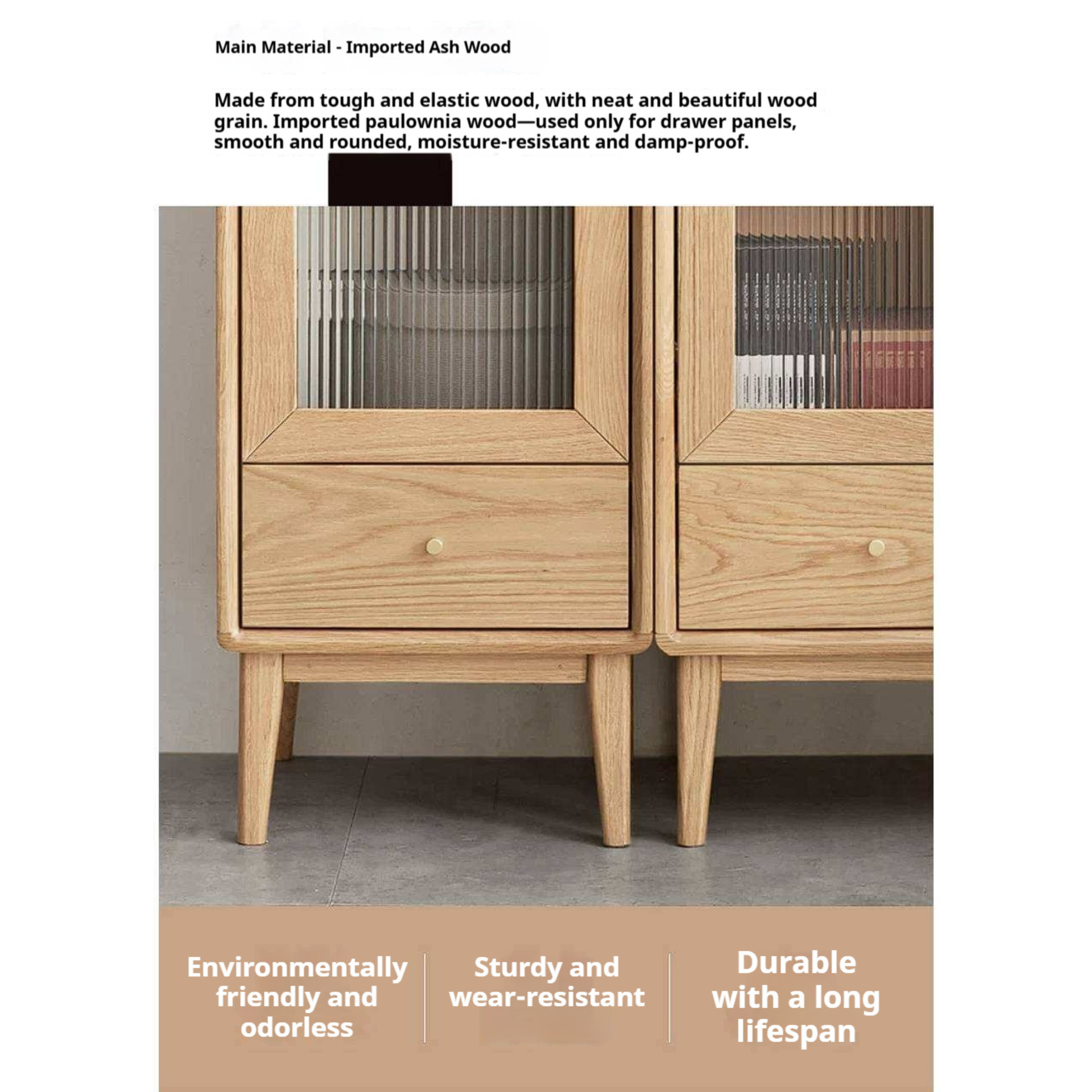 Ash Solid Wood Narrow Accent Cabinet with Fluted Glass Door and Drawer