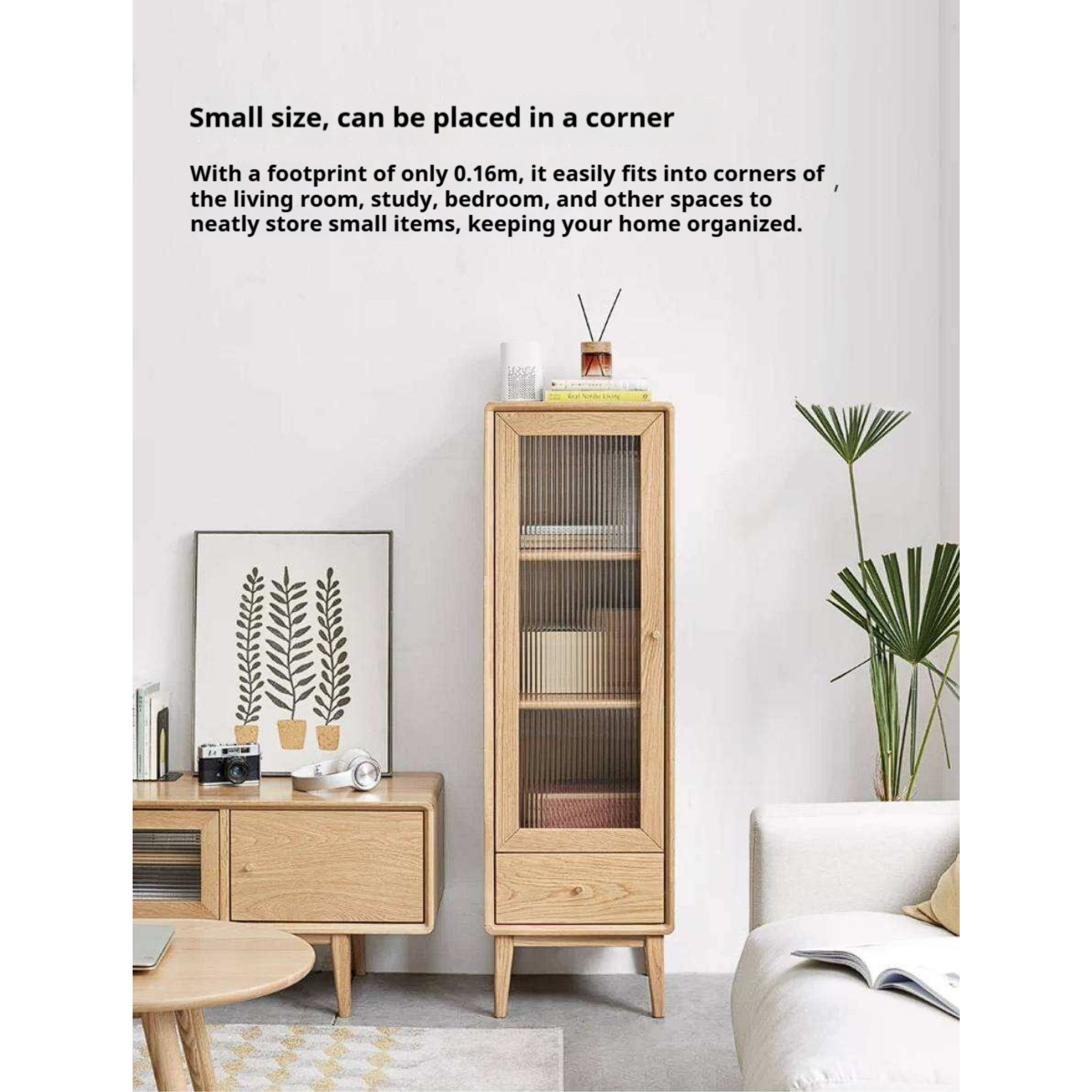 Ash Solid Wood Narrow Accent Cabinet with Fluted Glass Door and Drawer