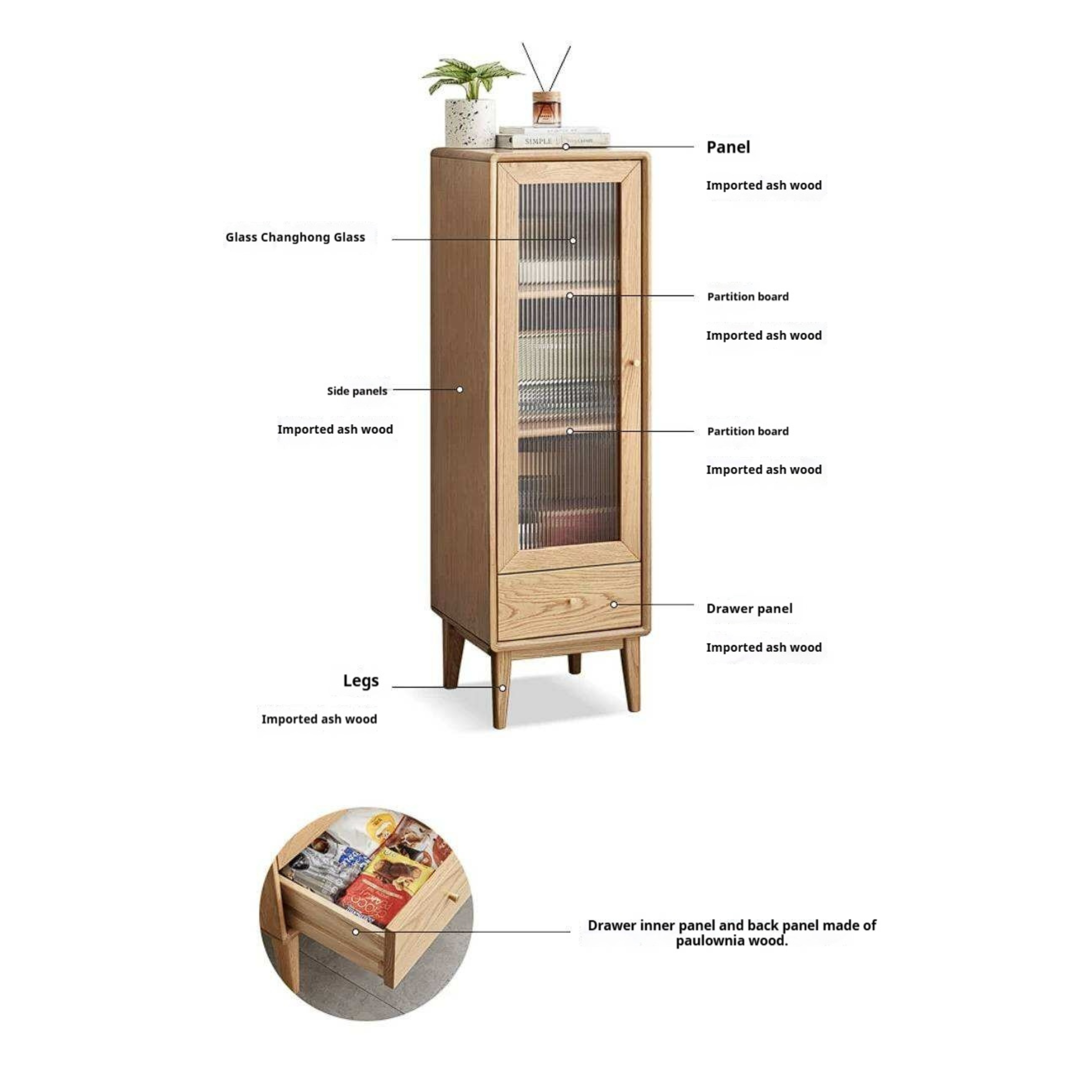 Ash Solid Wood Narrow Accent Cabinet with Fluted Glass Door and Drawer