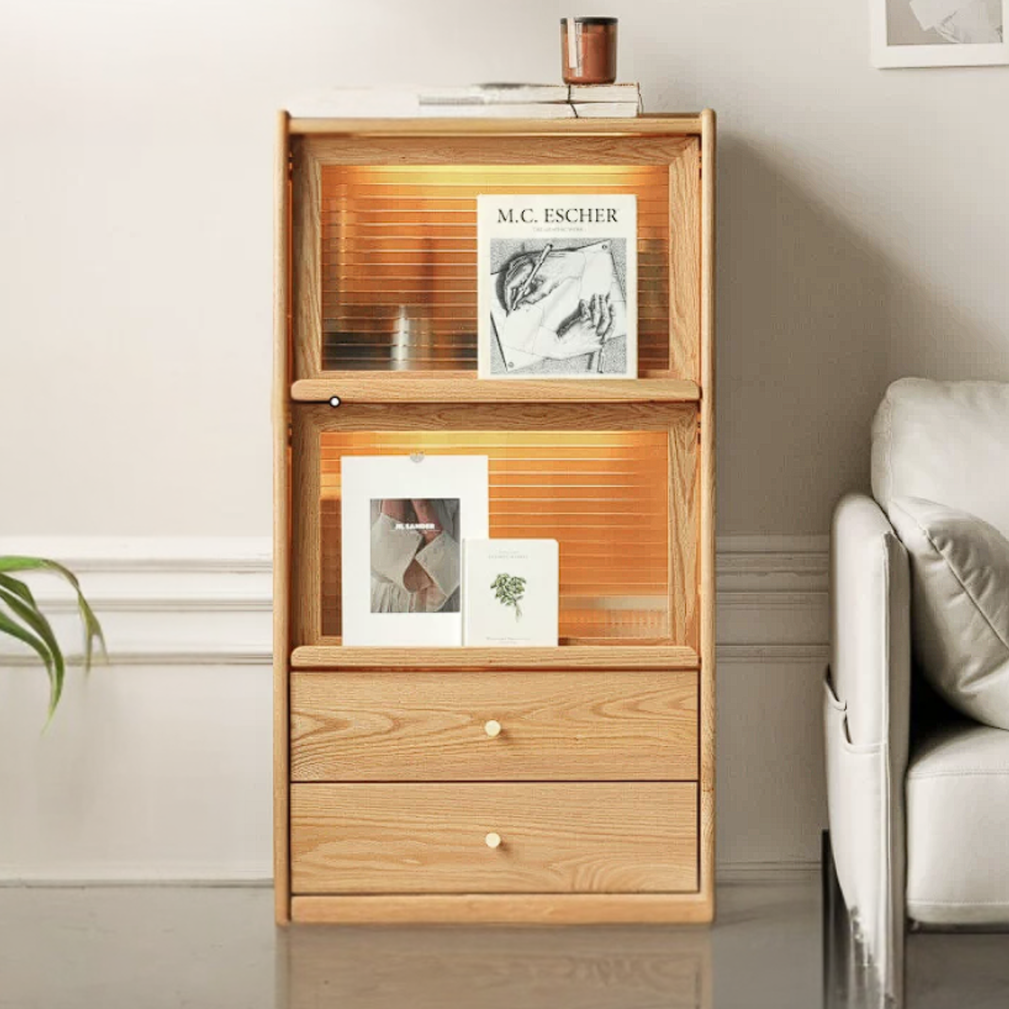 Ash Solid Wood Display Cabinet with Flip-Up Glass Doors and LED Lighting