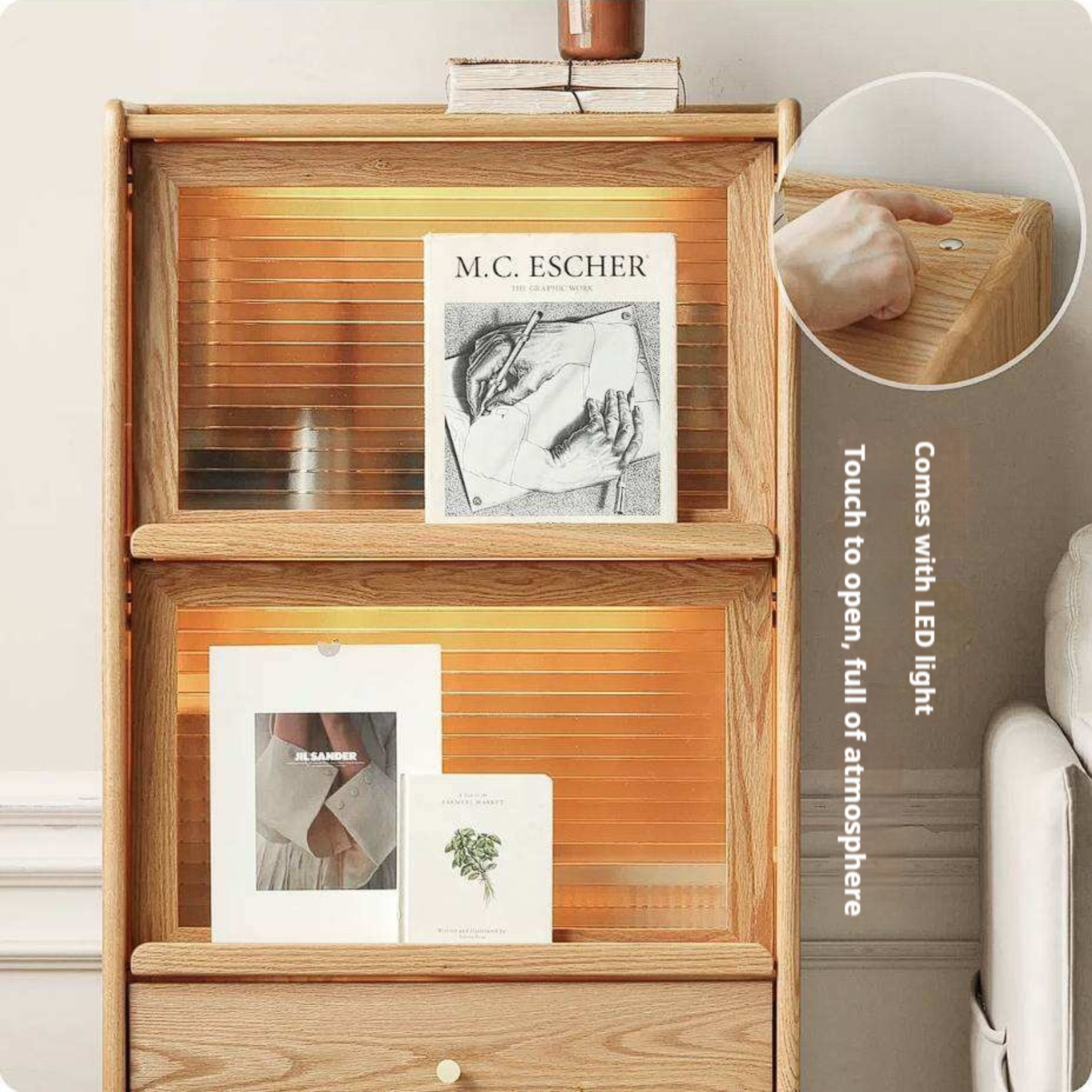 Ash Solid Wood Display Cabinet with Flip-Up Glass Doors and LED Lighting