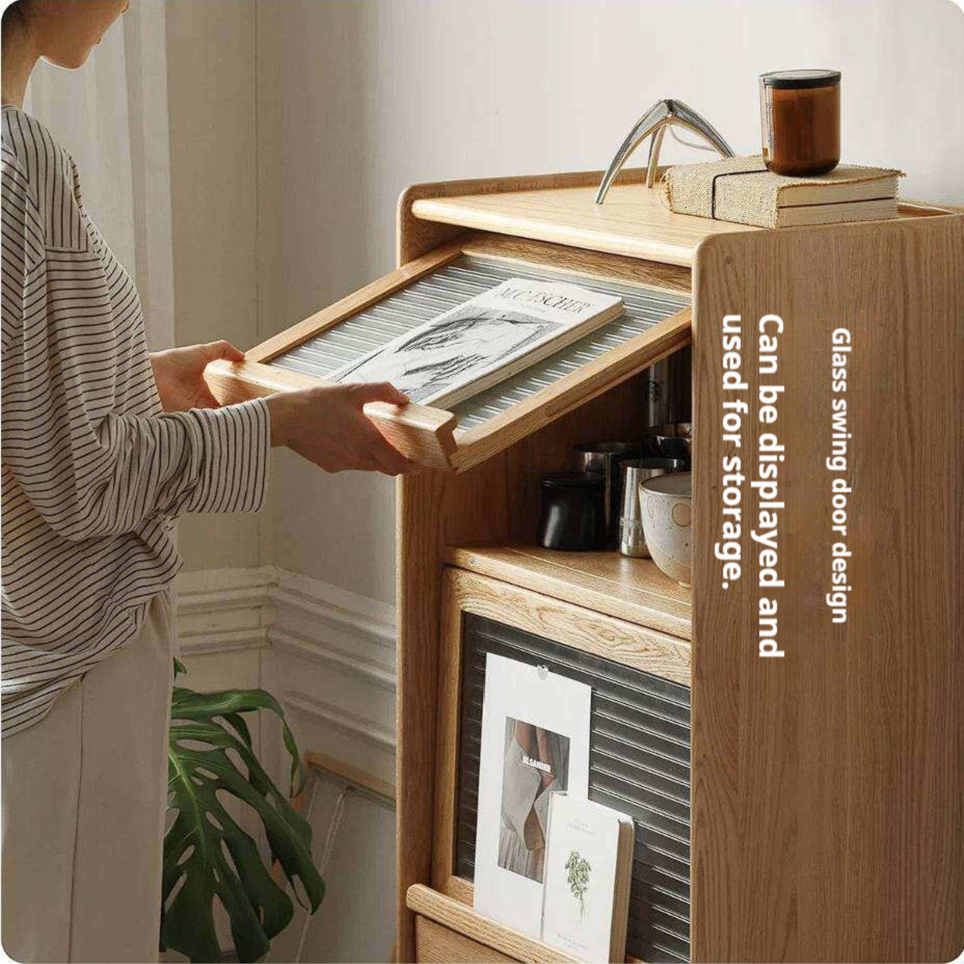 Ash Solid Wood Display Cabinet with Flip-Up Glass Doors and LED Lighting