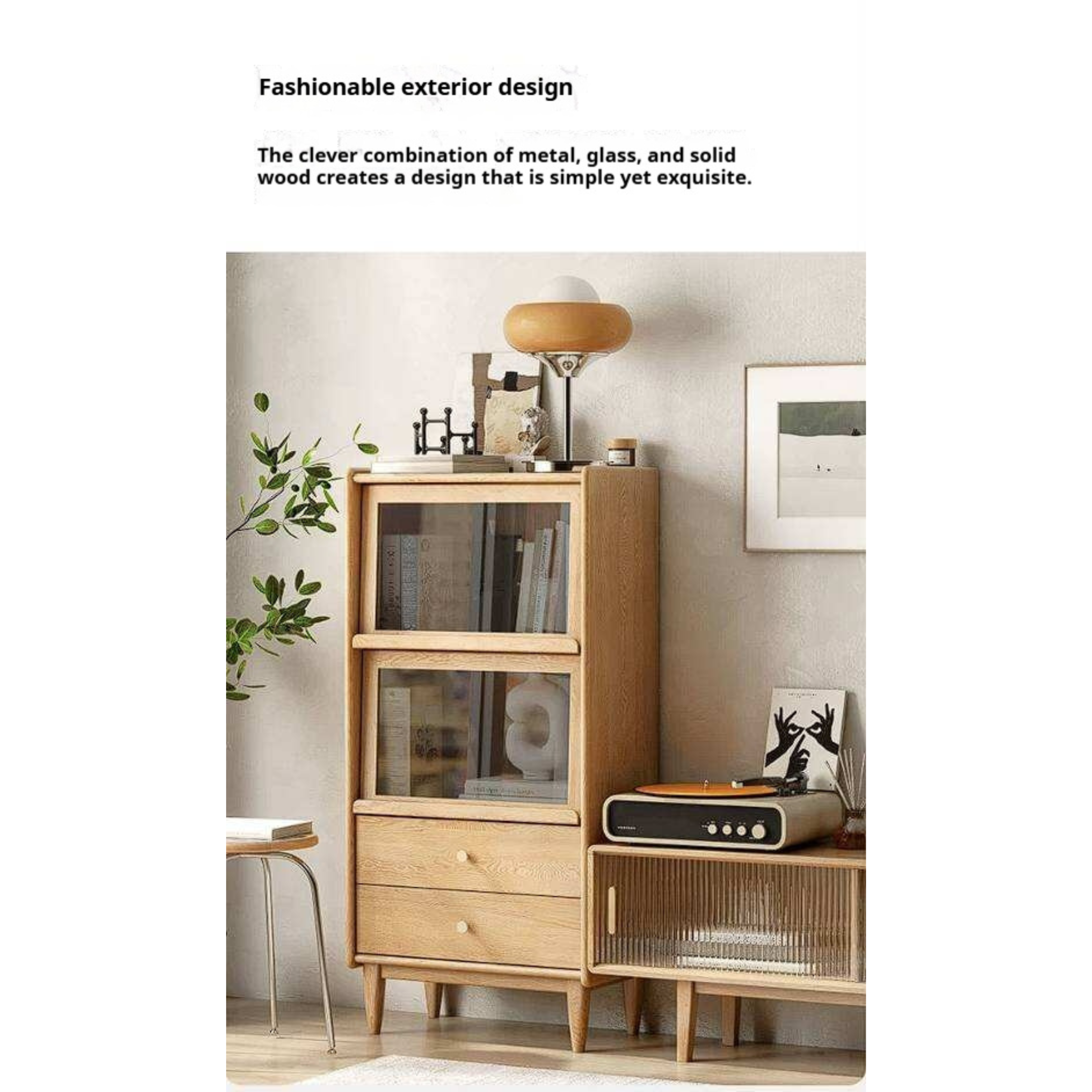 Ash Solid Wood Display Cabinet with Flip-Up Glass Doors and LED Lighting
