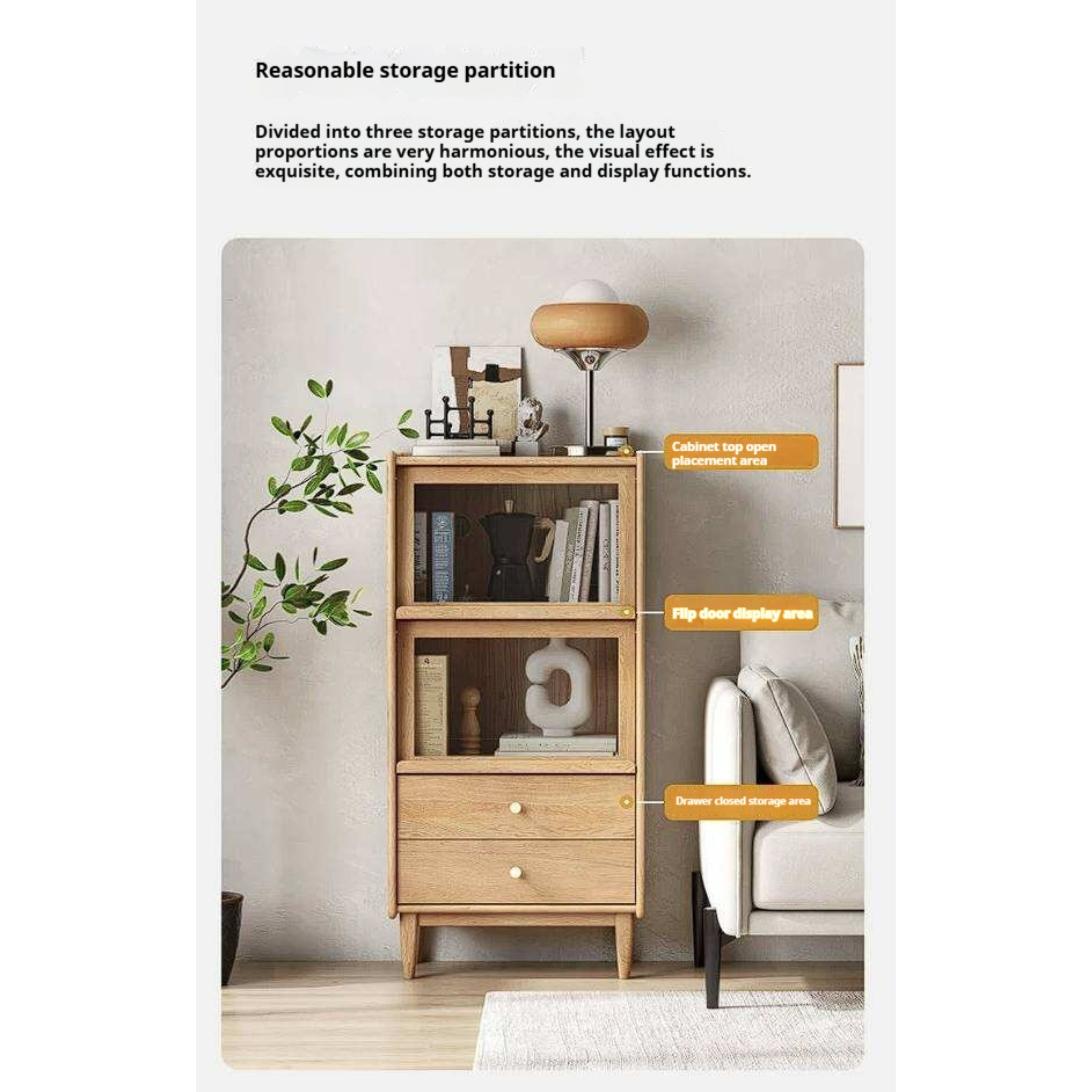Ash Solid Wood Display Cabinet with Flip-Up Glass Doors and LED Lighting