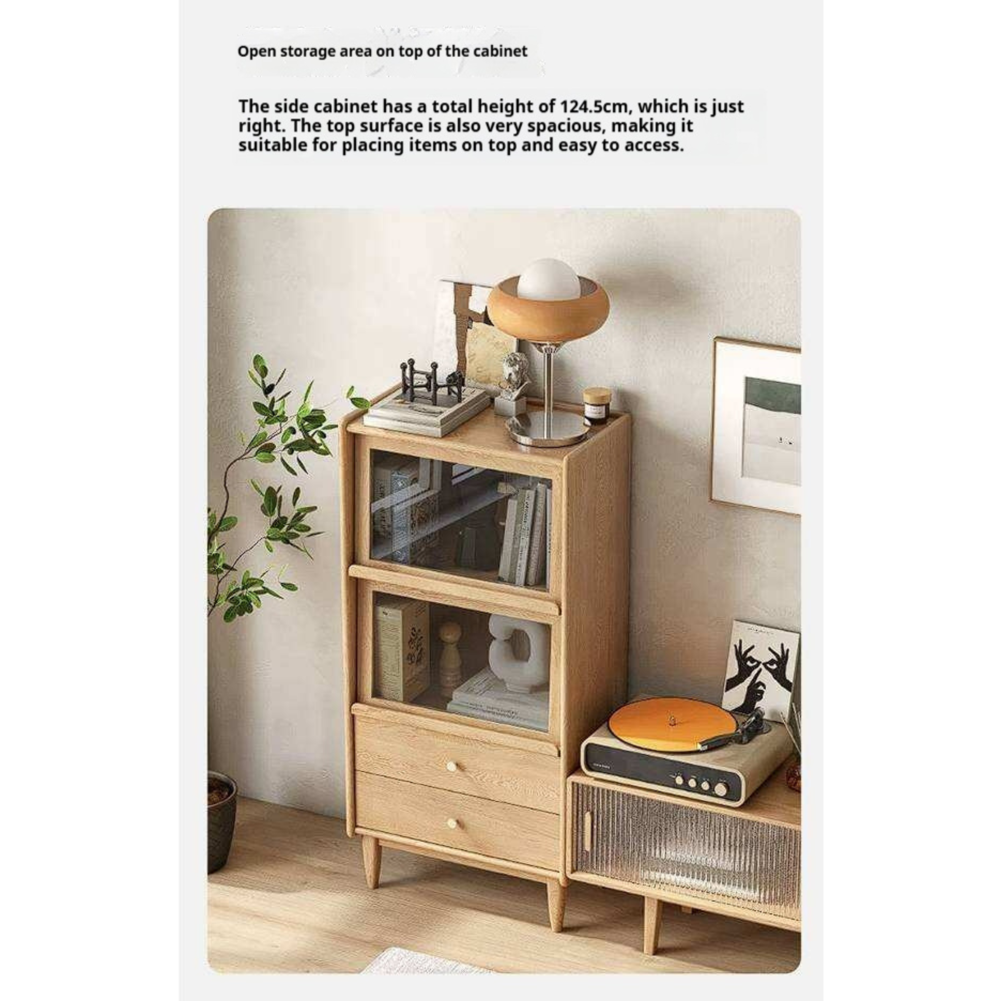 Ash Solid Wood Display Cabinet with Flip-Up Glass Doors and LED Lighting