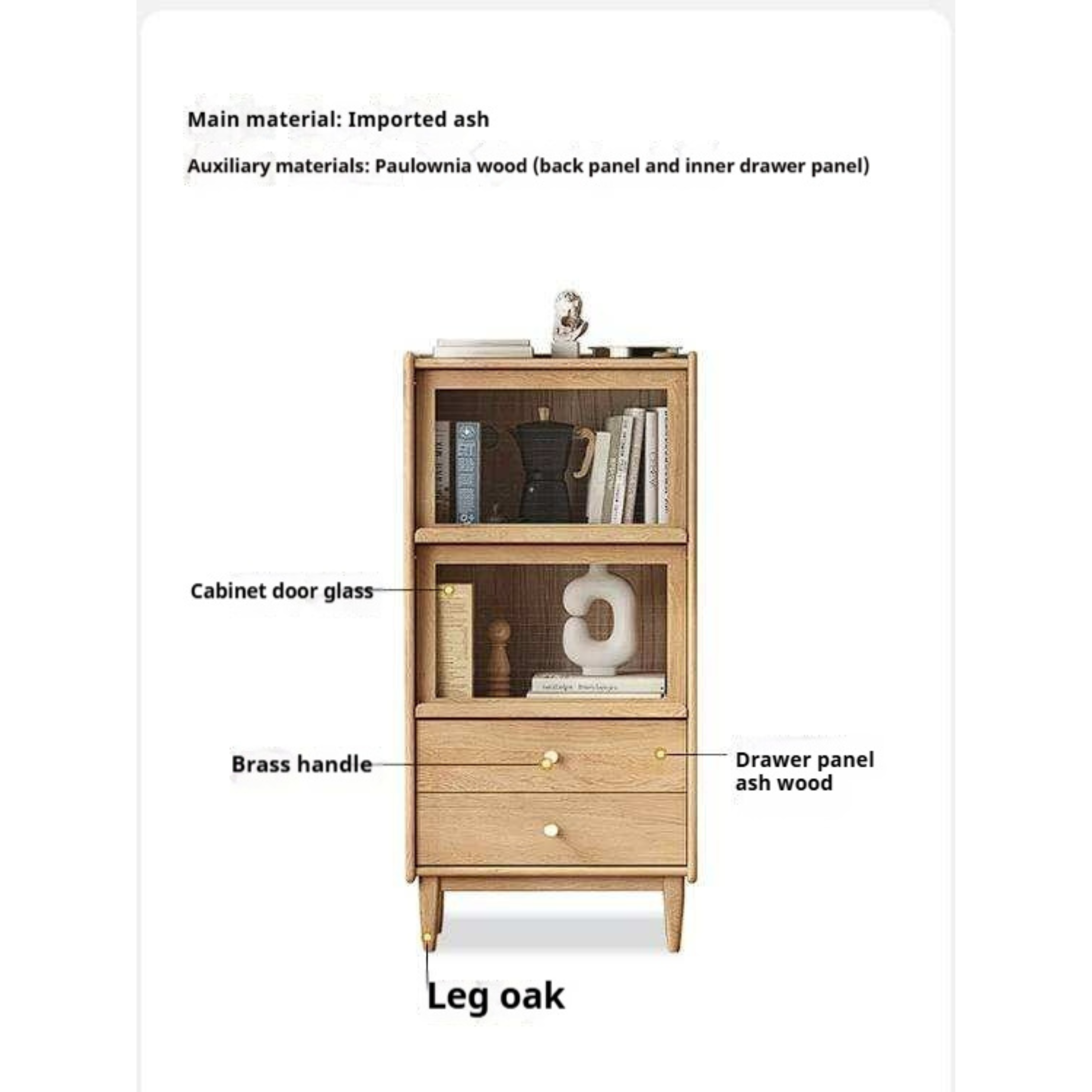 Ash Solid Wood Display Cabinet with Flip-Up Glass Doors and LED Lighting