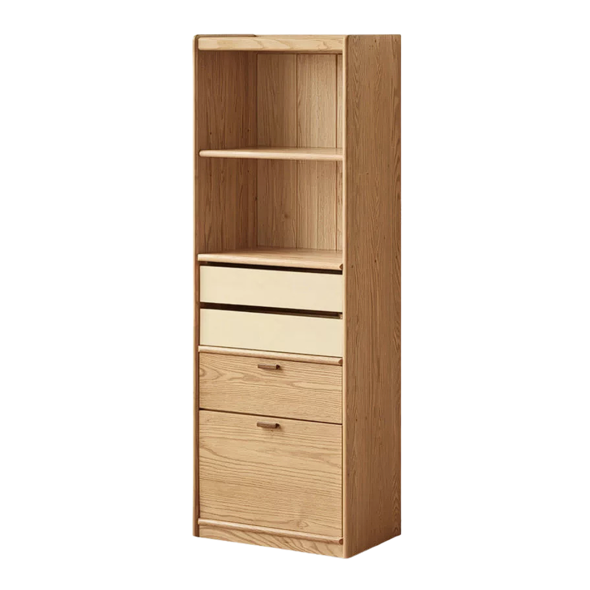 Oak Solid Wood Narrow Tall Bookcase with Open Display Shelf and Two-Tone Storage Drawers