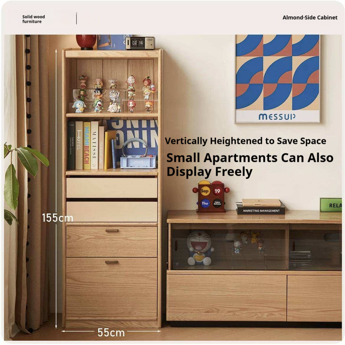 Oak Solid Wood Narrow Tall Bookcase with Open Display Shelf and Two-Tone Storage Drawers
