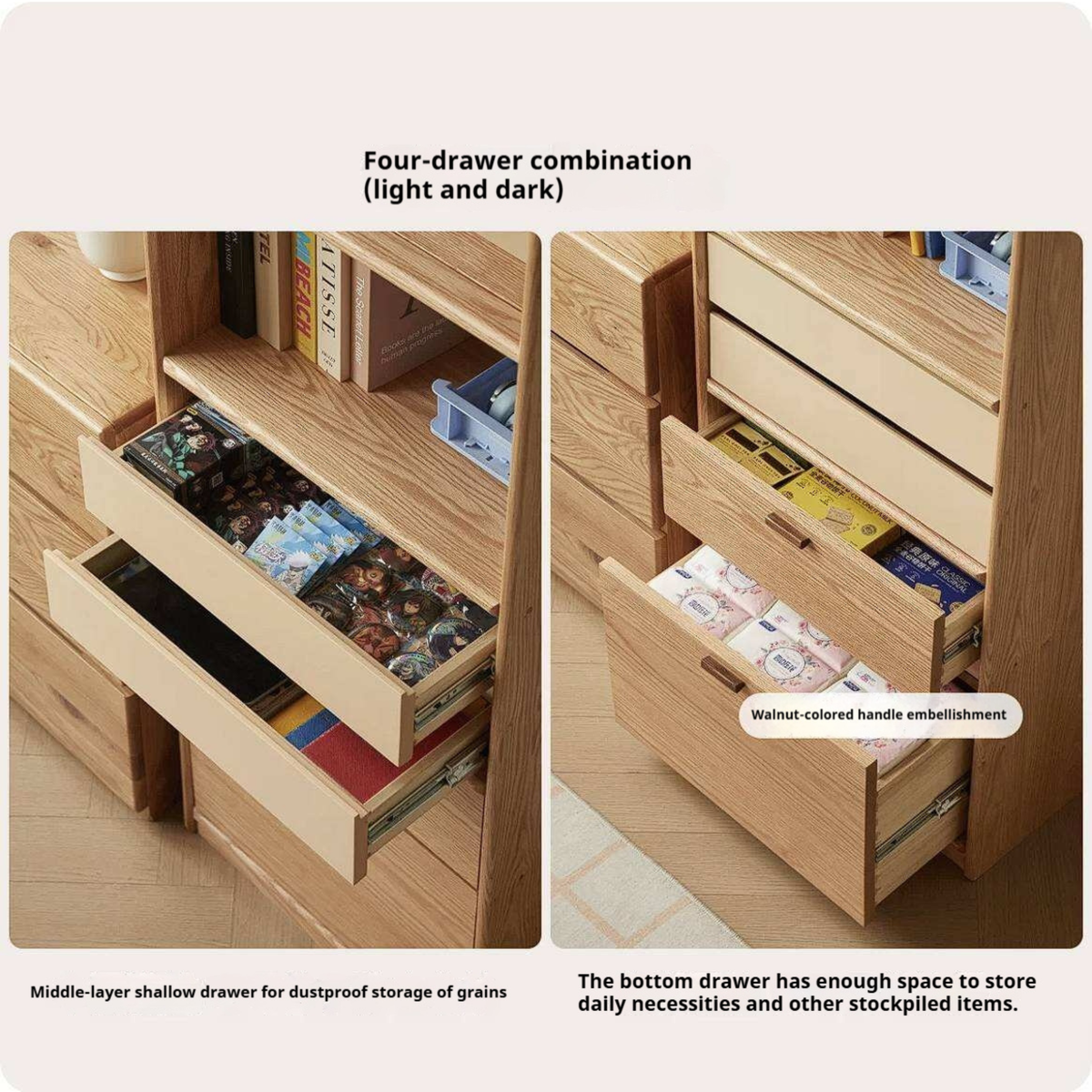 Oak Solid Wood Narrow Tall Bookcase with Open Display Shelf and Two-Tone Storage Drawers