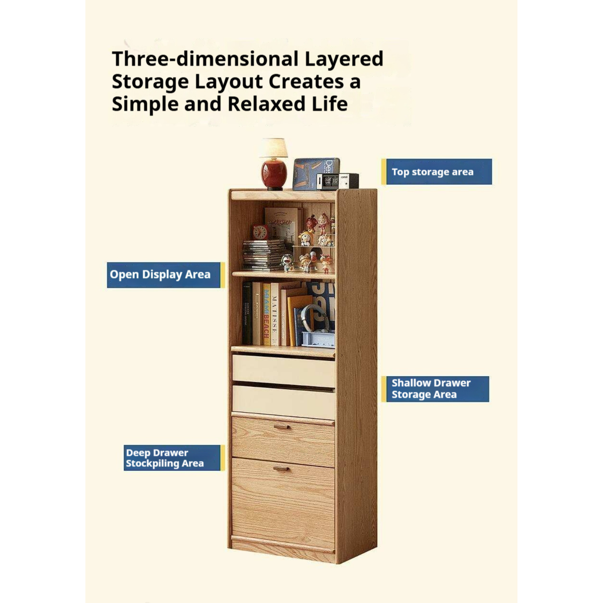 Oak Solid Wood Narrow Tall Bookcase with Open Display Shelf and Two-Tone Storage Drawers