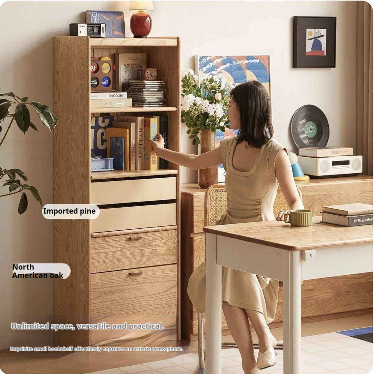 Oak Solid Wood Narrow Tall Bookcase with Open Display Shelf and Two-Tone Storage Drawers