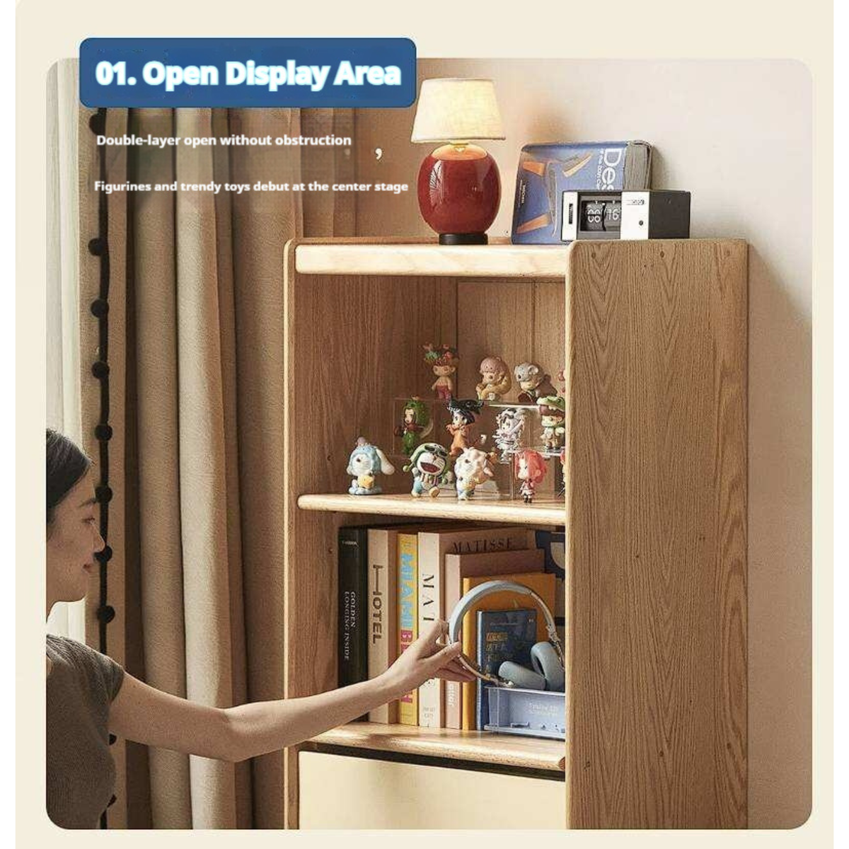 Oak Solid Wood Narrow Tall Bookcase with Open Display Shelf and Two-Tone Storage Drawers