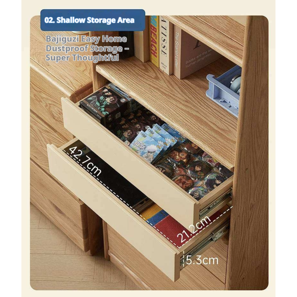 Oak Solid Wood Narrow Tall Bookcase with Open Display Shelf and Two-Tone Storage Drawers