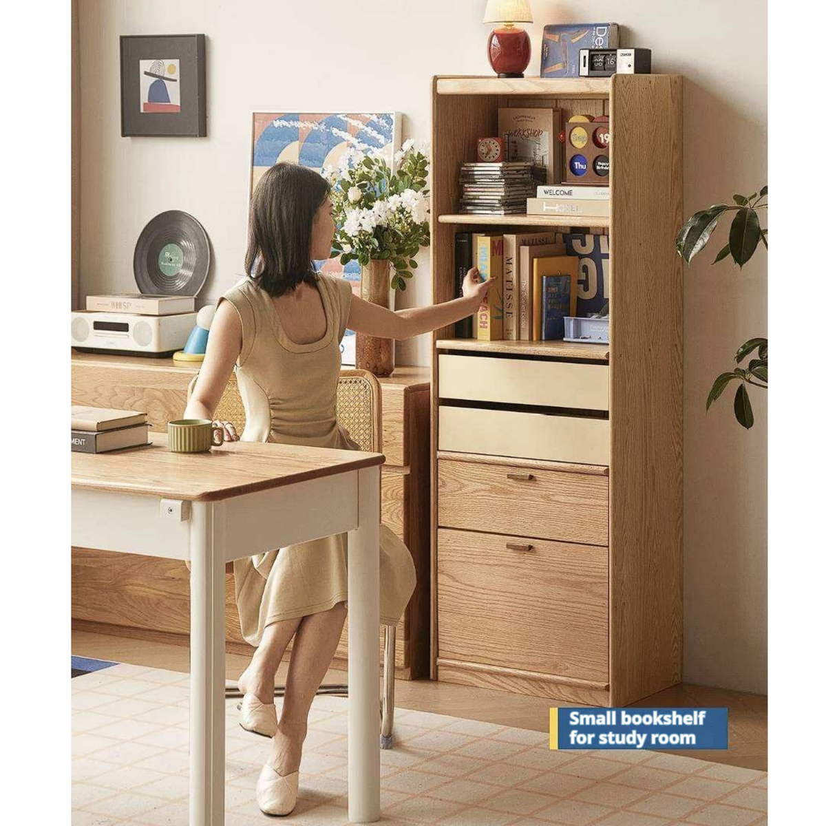 Oak Solid Wood Narrow Tall Bookcase with Open Display Shelf and Two-Tone Storage Drawers