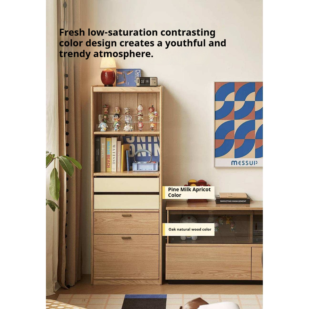 Oak Solid Wood Narrow Tall Bookcase with Open Display Shelf and Two-Tone Storage Drawers